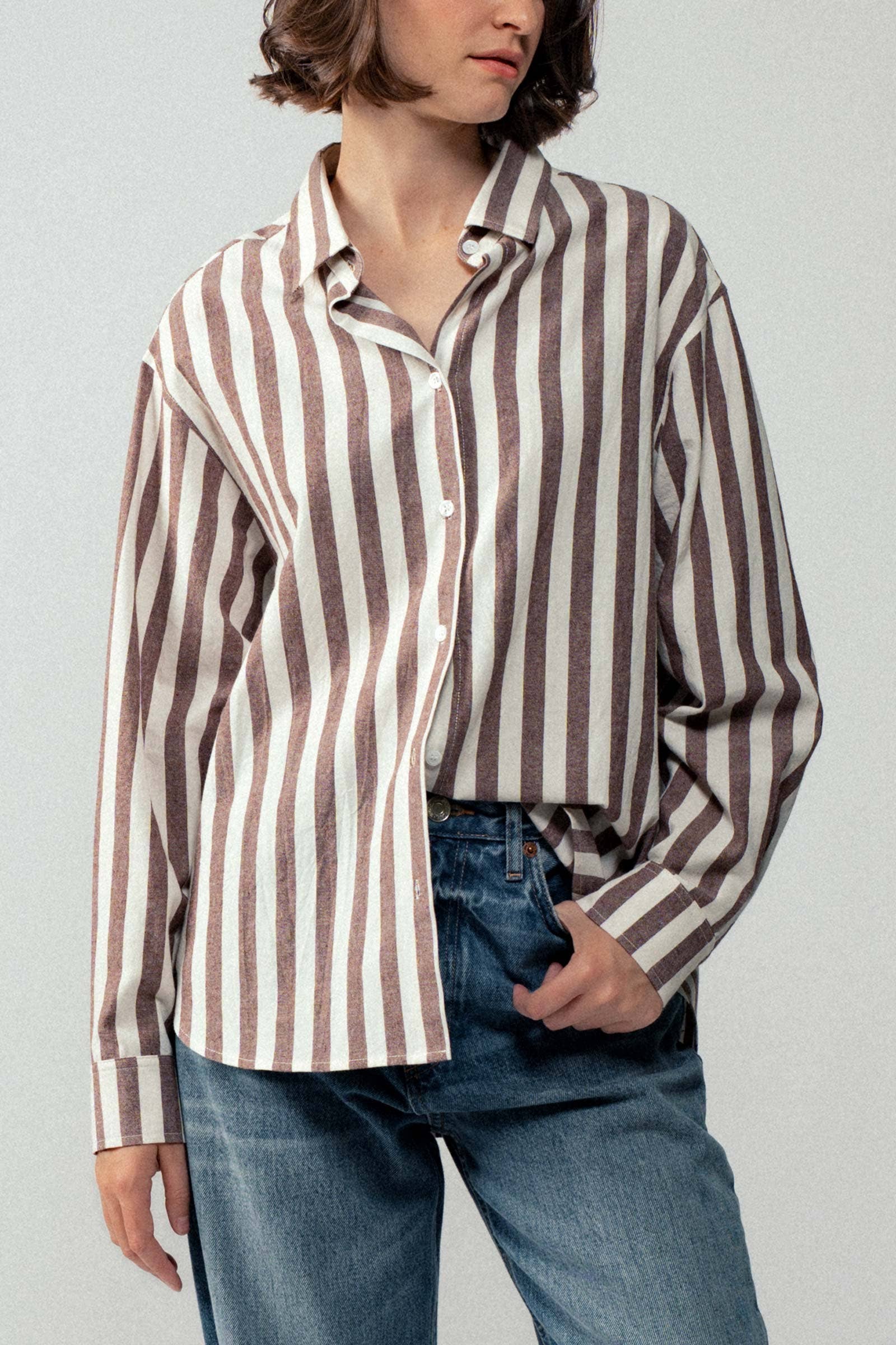 Urban Daizy Oversized Stripe Button Down Collared Shirt Blue Button Down Shirt - Women's (UDZ-TP-00759) – alternate view 8