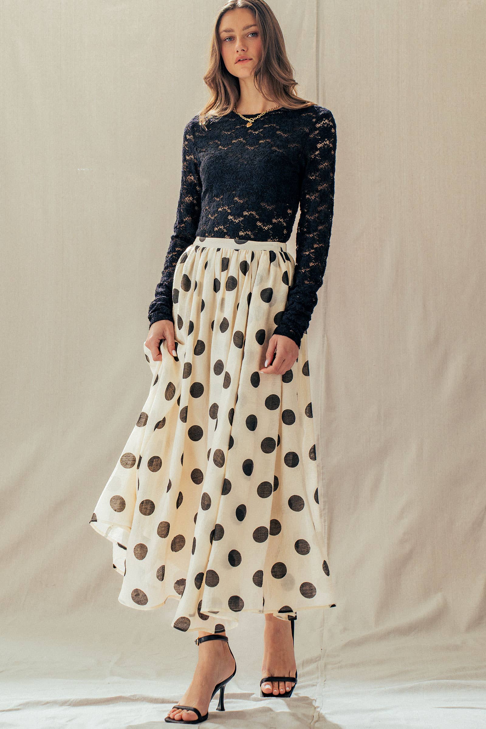 Polka Dot Elastic Waist Midi Skirt