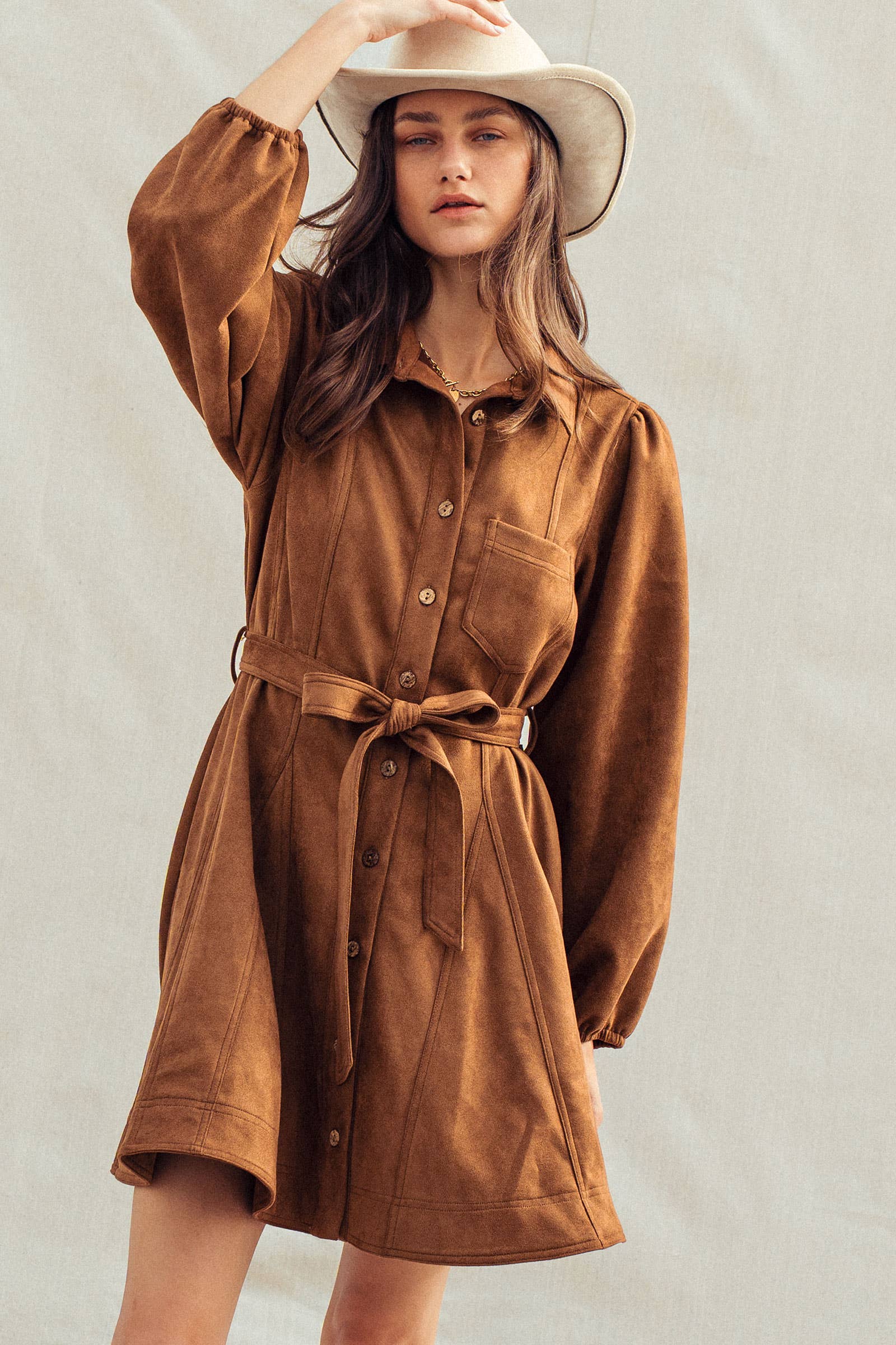 Western Suede Shirt Mini Dress–Belted Waist, Puff Sleeves