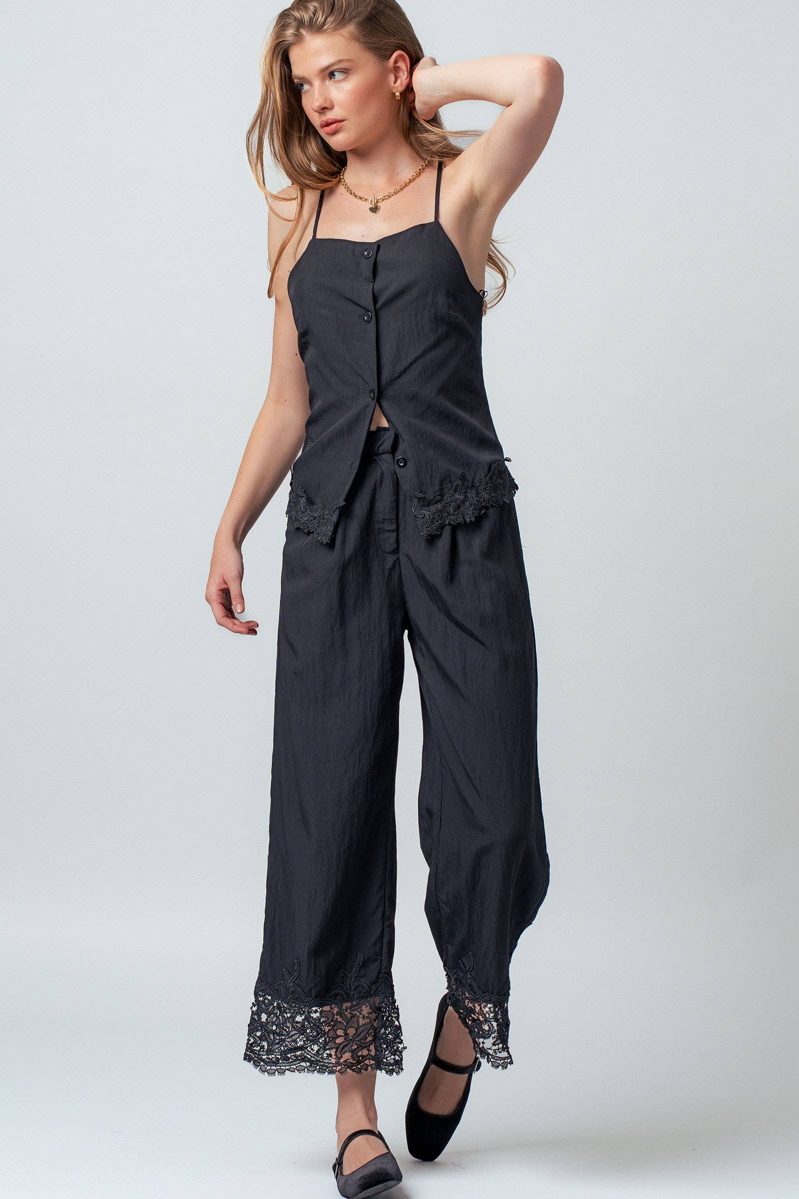 Crinkle Rayon Lace Trim Jumpsuit