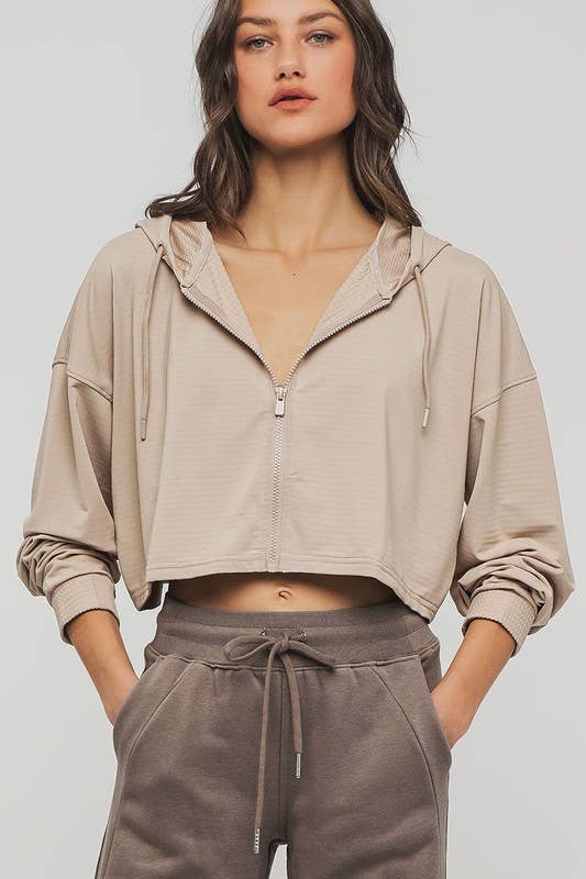 Urban Daizy Cropped Zip Up Drawstring Hooded Workout Jacket Stone Athletic Jacket - Women's (UDZ-OT-00350) – alternate view 3