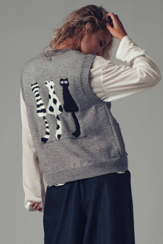 Urban Daizy Cat Print Knit Sweater Vest Grey Sweater Vest - Women's (UDZ-TP-00814) – alternate view 9