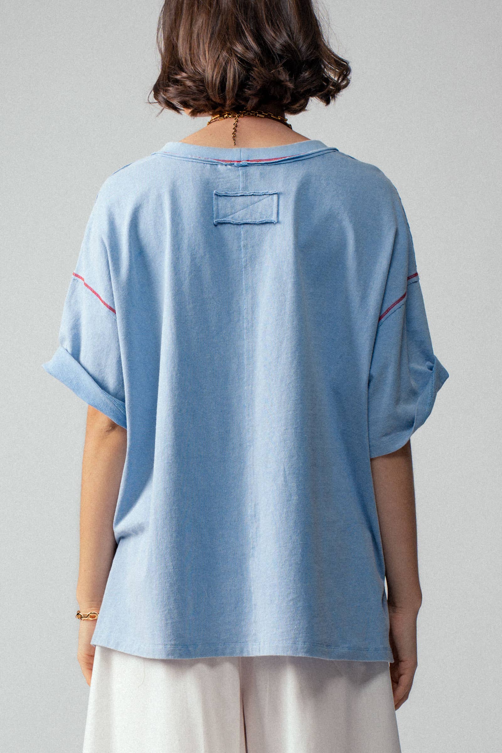Urban Daizy Contrast Stitch Mineral Wash Spring Oversized Tee Blue T-Shirt - Women's (UDZ-TP-00755) – alternate view 8