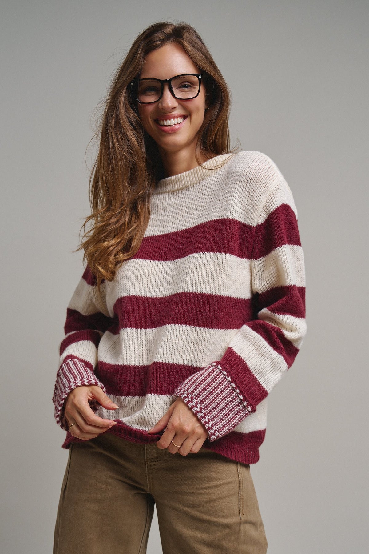 Striped Oversized Chunky Knit Sweater in BURGUNDY - Women's Sweaters | Urban Daizy