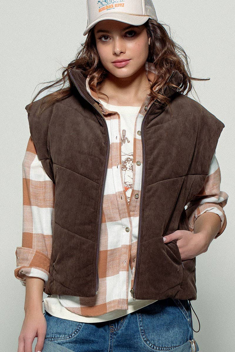 Urban Daizy Sleeveless Corduroy Toggle Hem Puff Vest Charcoal Outerwear Vest - Women's (UDZ-OT-00072) – alternate view 18