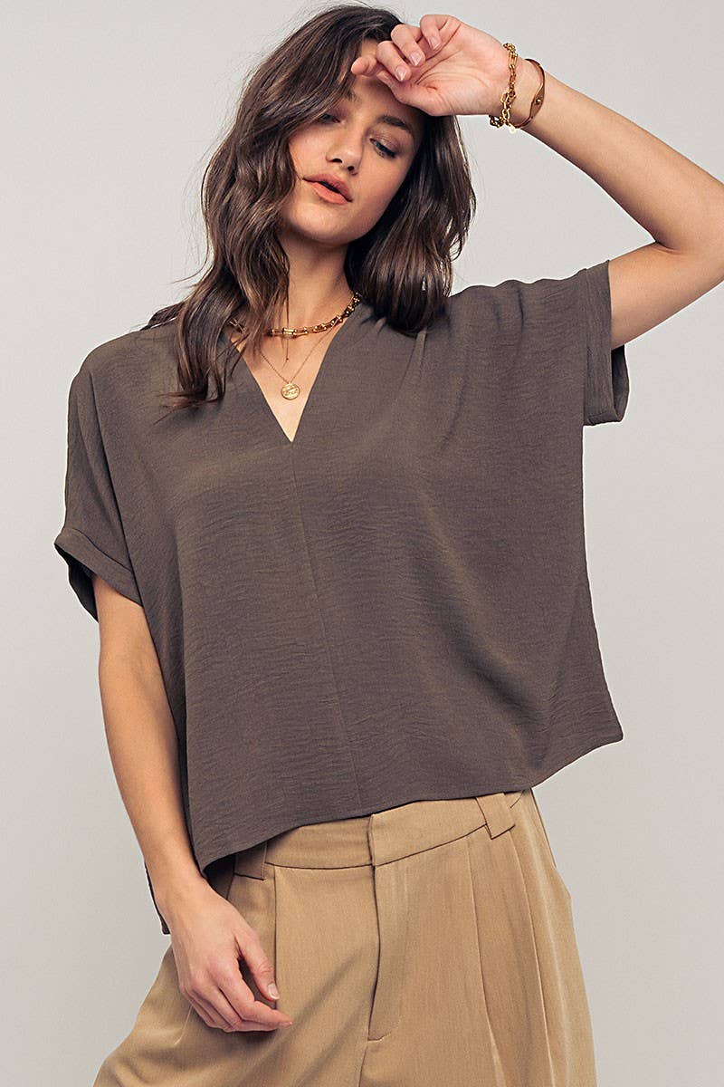 Urban Daizy Relaxed V-Neck Top with Folded Sleeves Ivory Blouse - Women's (UDZ-TP-00570) – alternate view 18