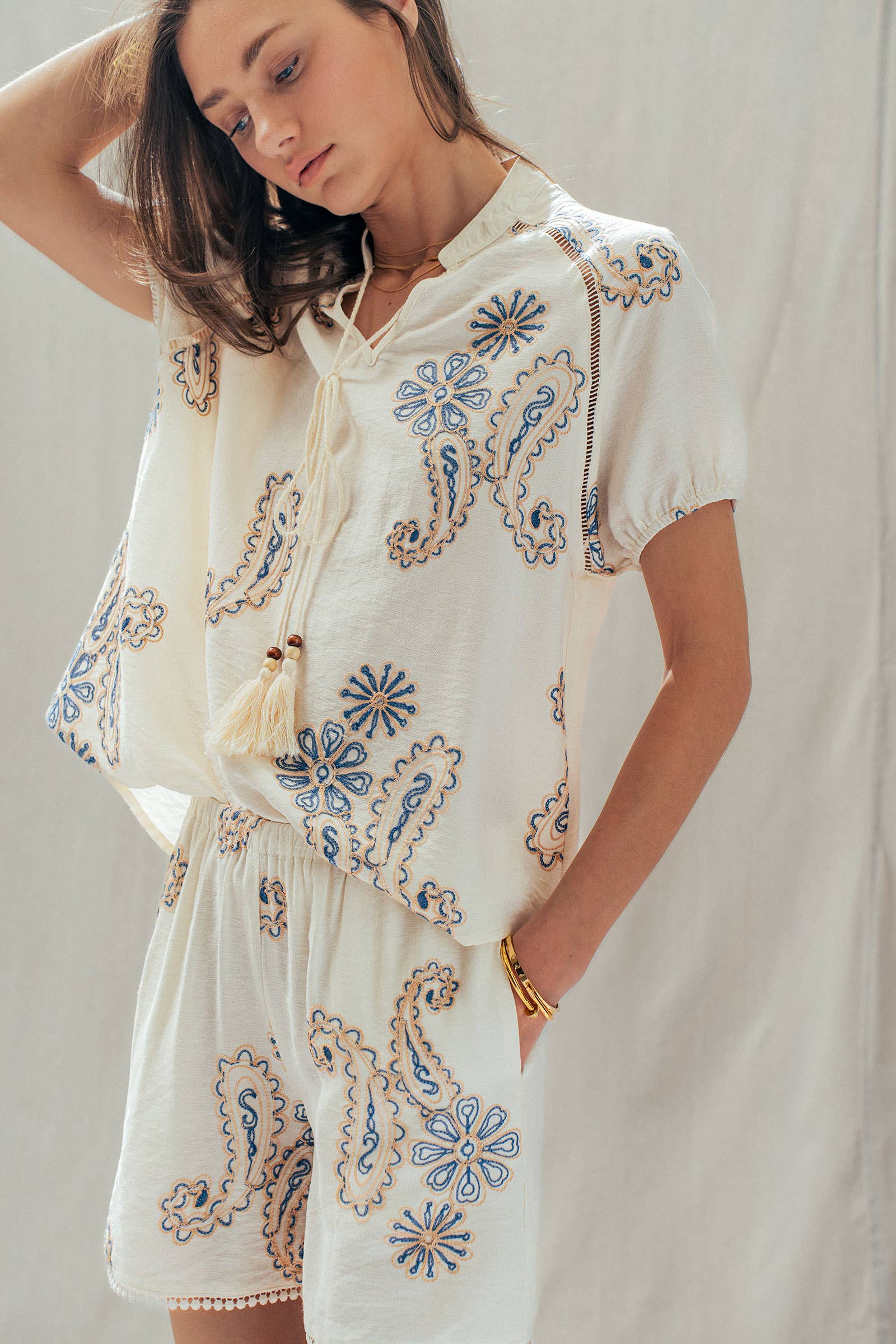 Paisley Embroidered Linen Blend Tassel Top