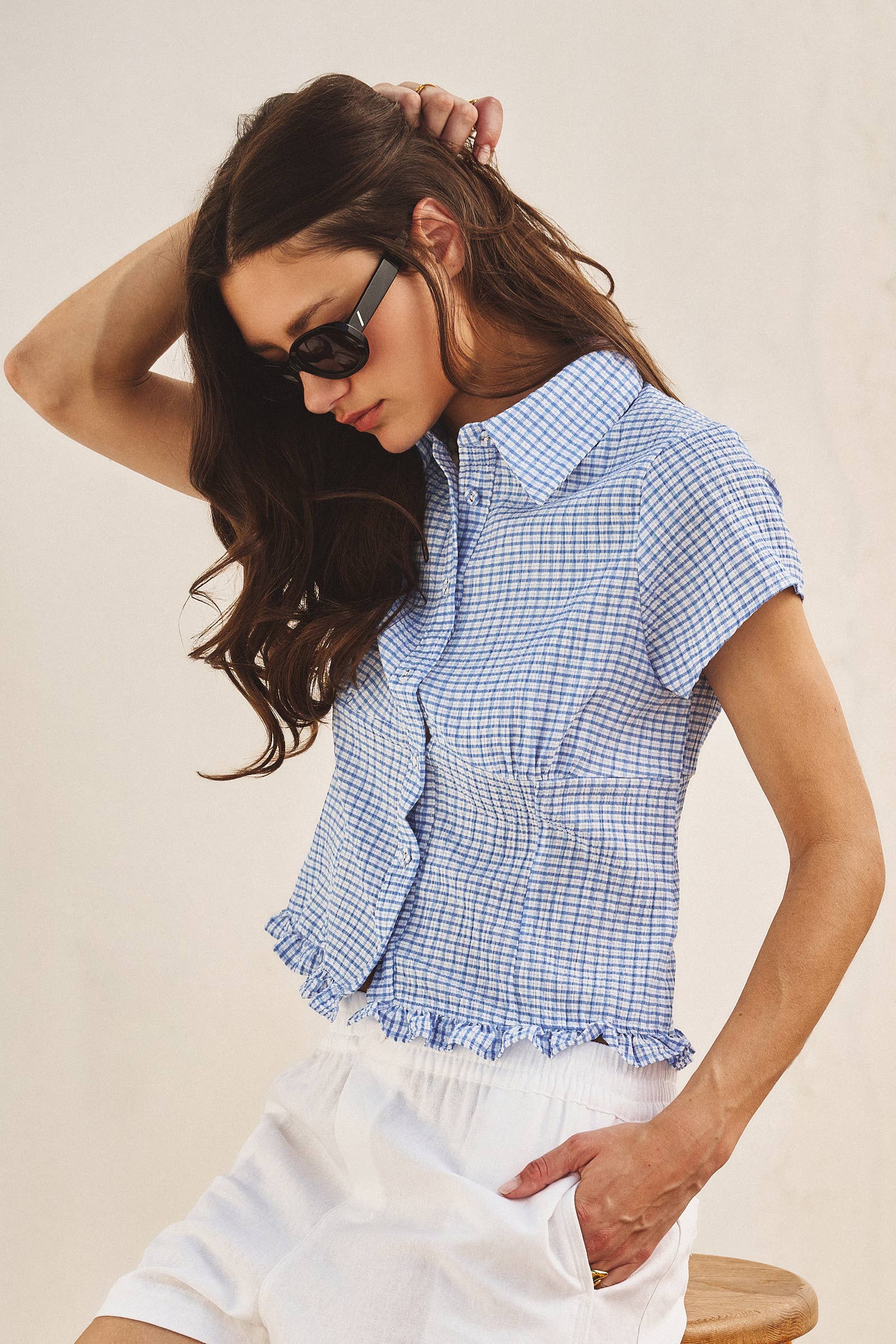 Crinkle Gingham Short Sleeve Peplum Blouse