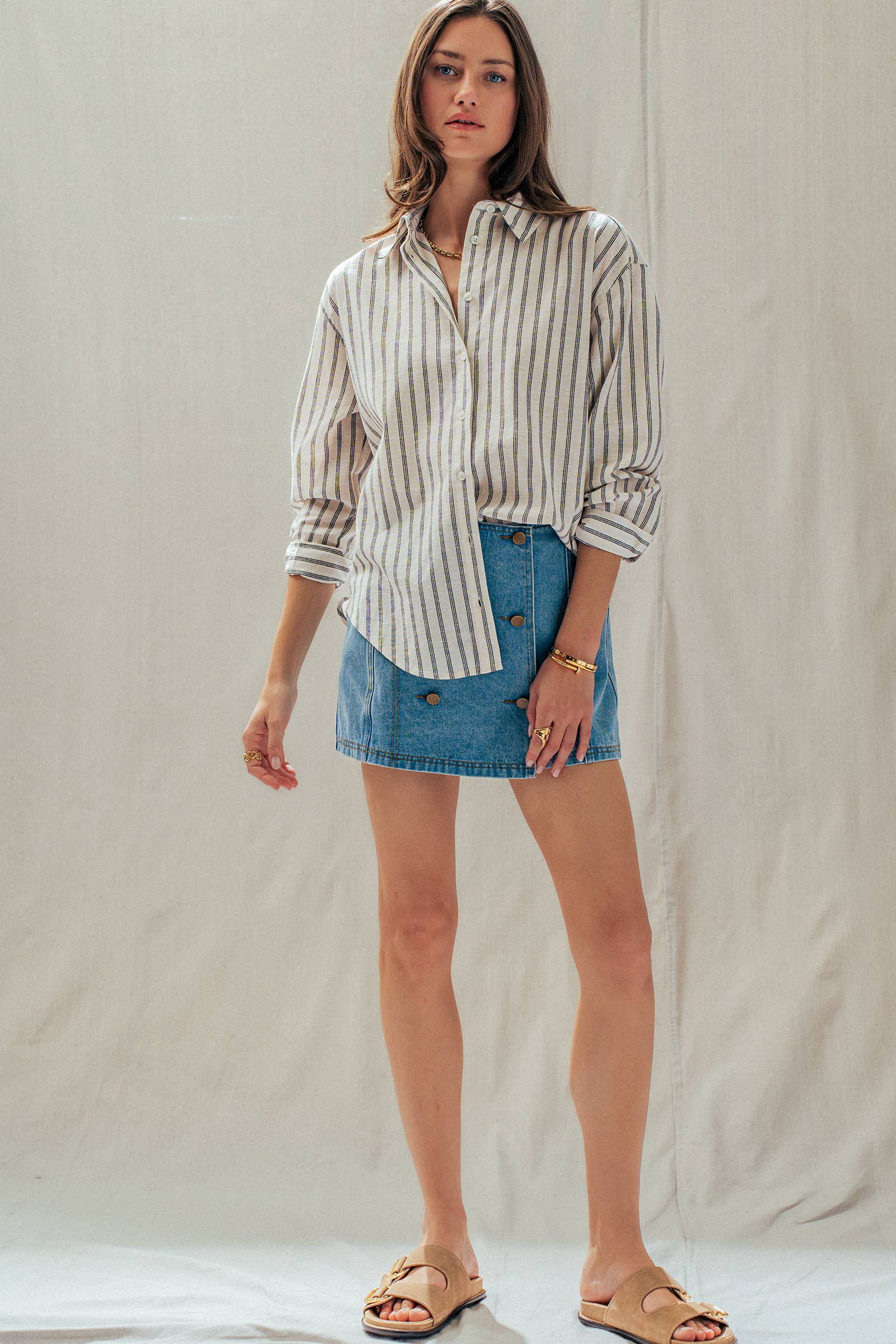 Striped Linen Blend Button Up Shirt