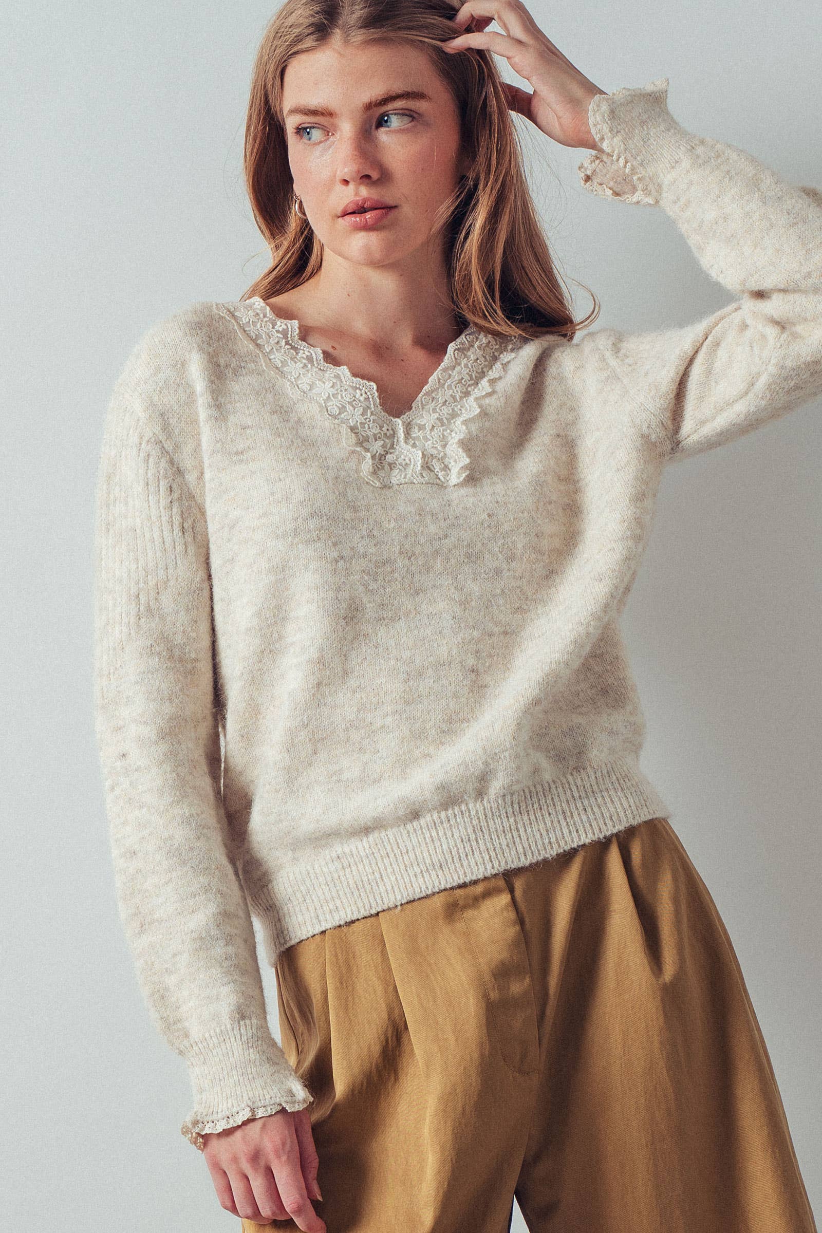 Lace Trim V-Neck Heathered Knit Sweater
