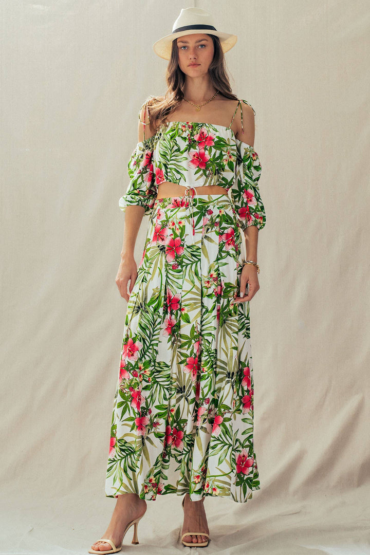 Urban Daizy Off Shoulder Crop Top with Floral Maxi Skirt White Top & Skirt Set - Women's (UDZ-AC-00238)