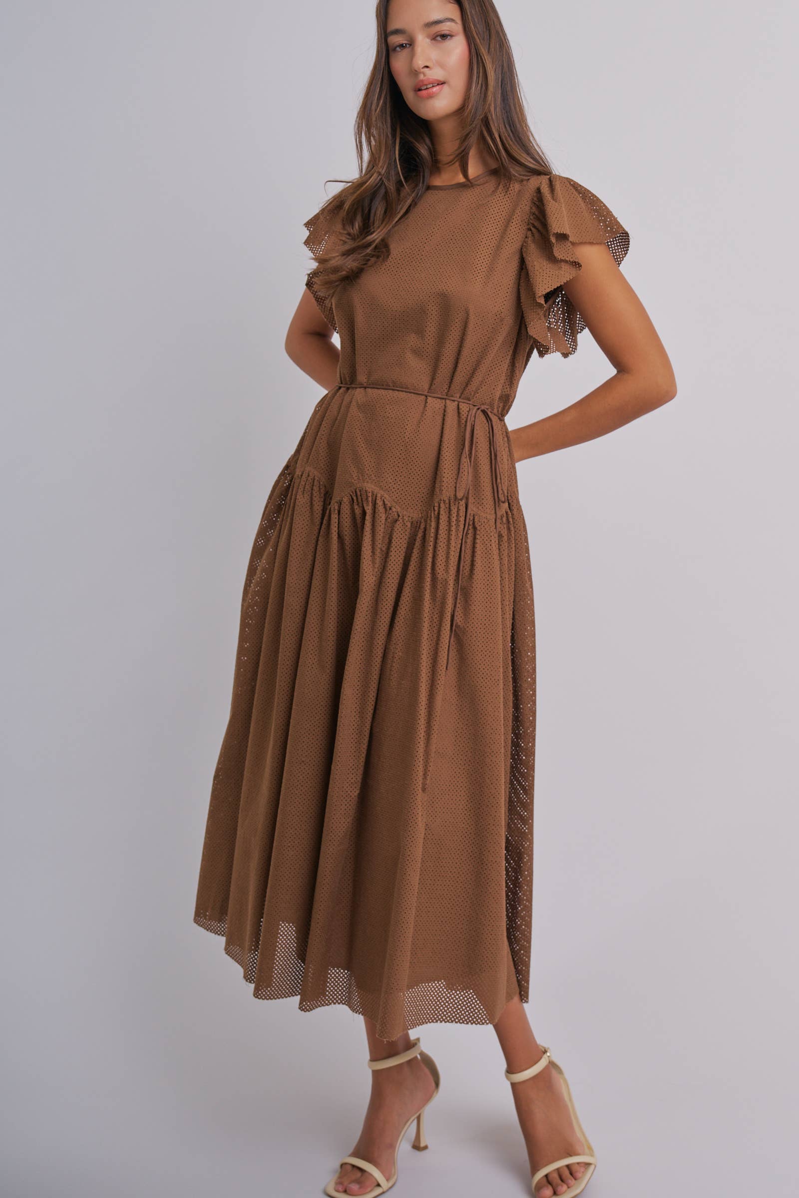 Cotton Eyelet Flutter Sleeve Drop Waist Midi Dress