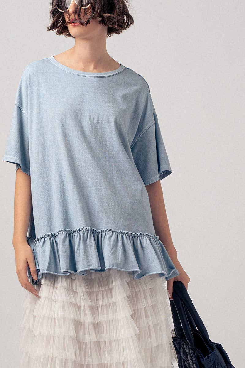 Casual Drop Shoulder Ruffle Hem Exposed Stitch Crew Neck Top