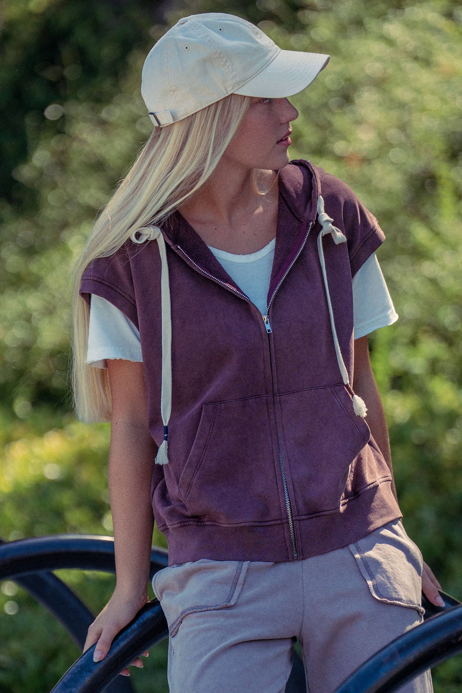 Vintage-Wash Sleeveless Terry Hoodie