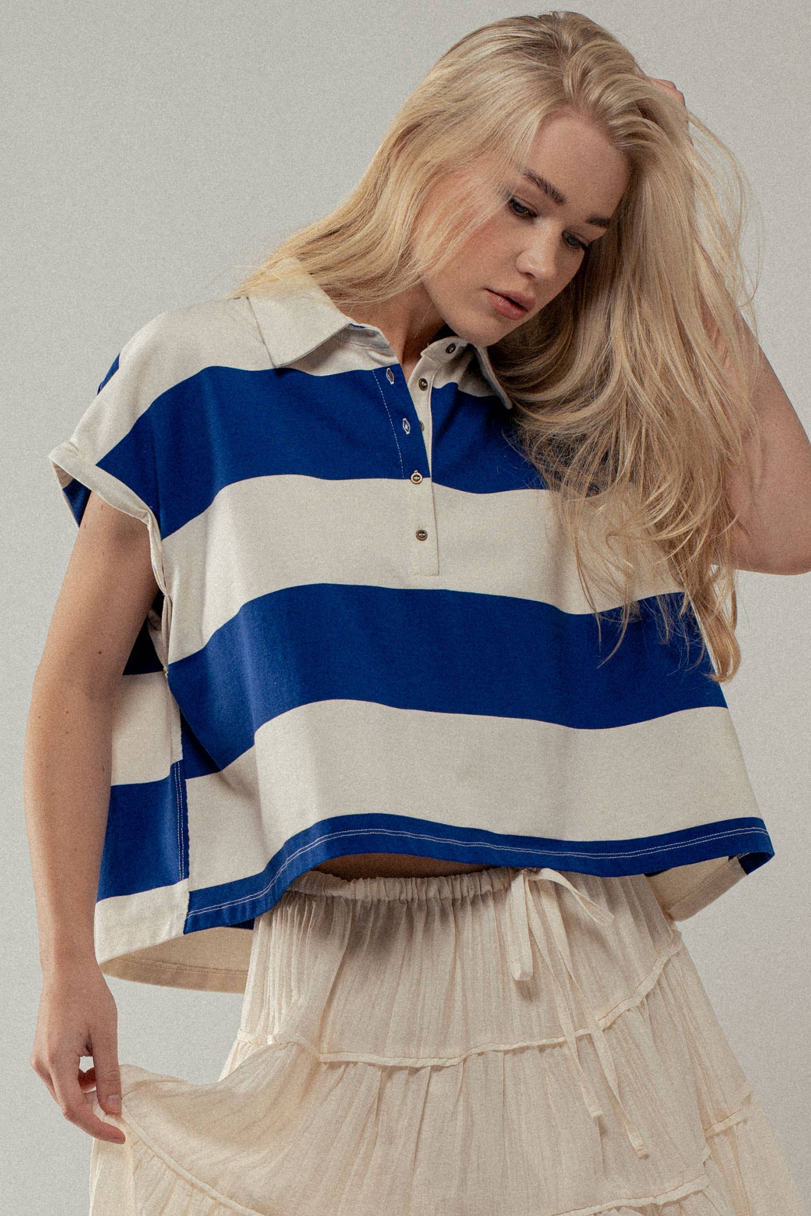 Urban Daizy Bold Striped Dolman Sleeve Polo Shirt Ivory Black Polo - Women's (UDZ-TP-00660) – alternate view 8