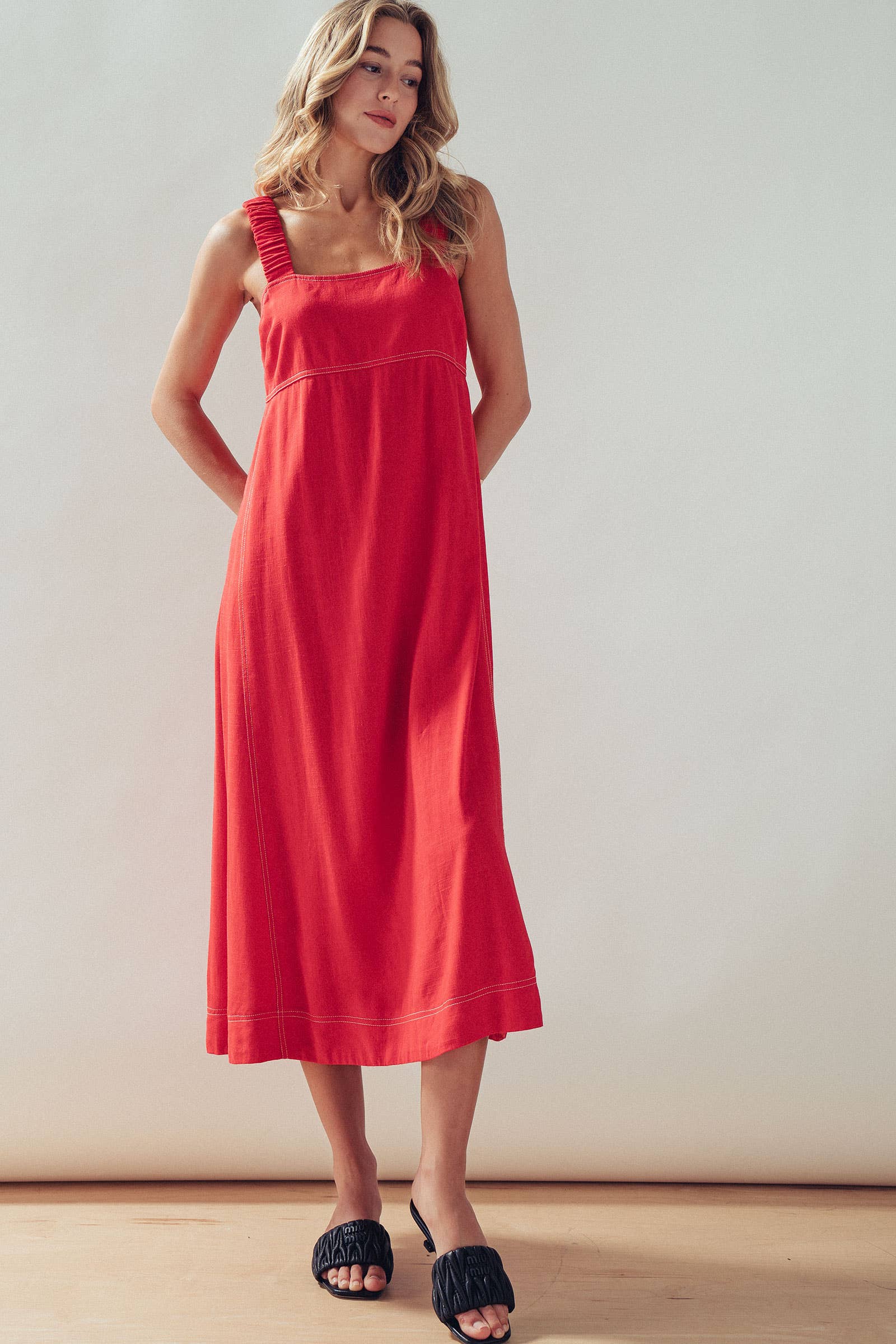 Contrast Stitch Square Neck Tencel Linen Midi Dress
