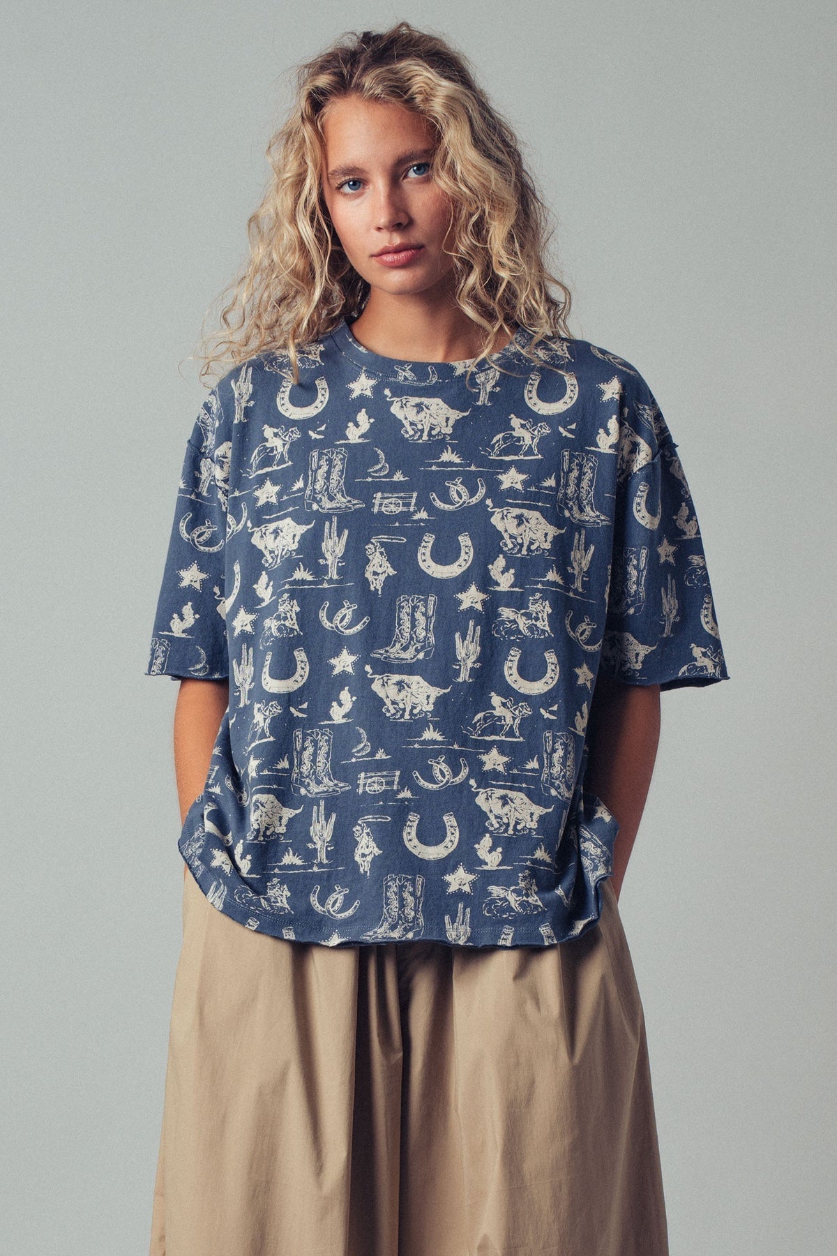 Rodeo Charm Print Oversized Tee in BLUE - Women's Graphic T-shirts | Urban Daizy