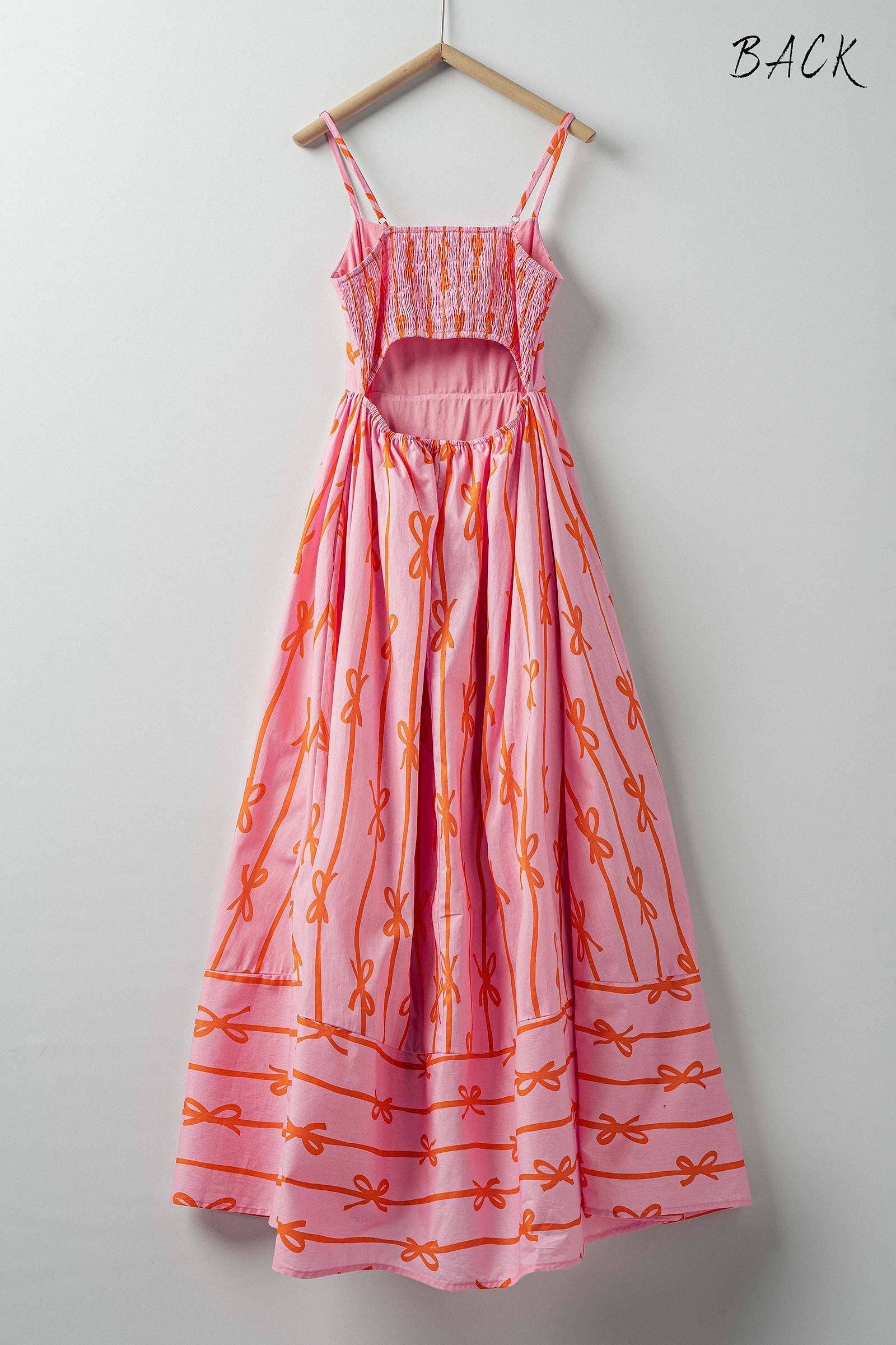 Sweet Ribbon Stripe Bow Print Smocked Back Maxi Dress