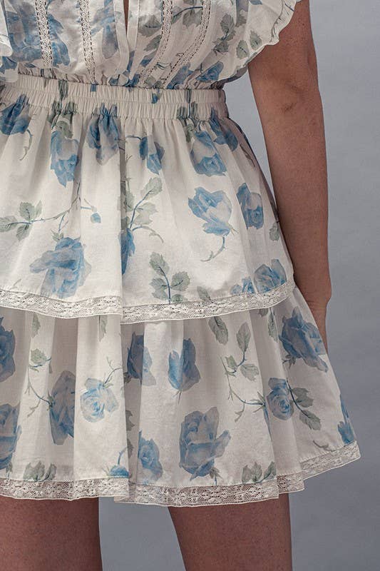 White Blue Floral Ruffle Sleeve Tiered Mini Dress