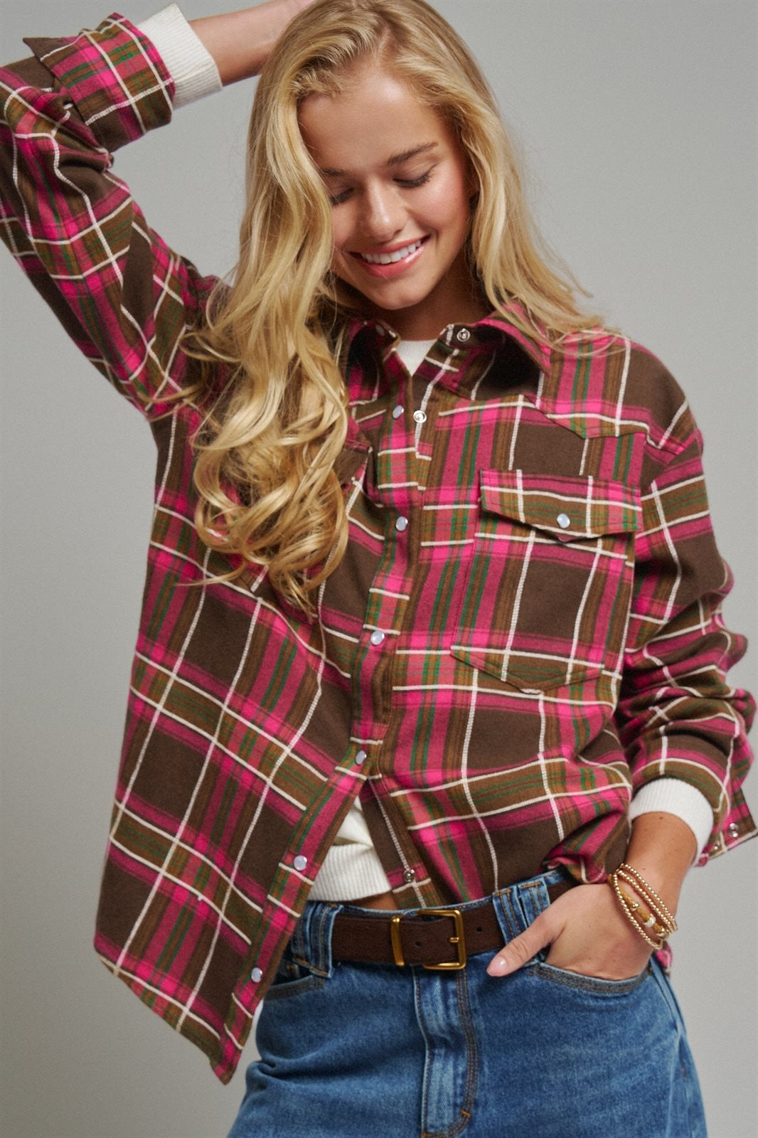 Oversized Plaid Button-Up Flannel Shirt w Pockets in BROWN MULTI - Women's Shirts & Blouses | Urban Daizy