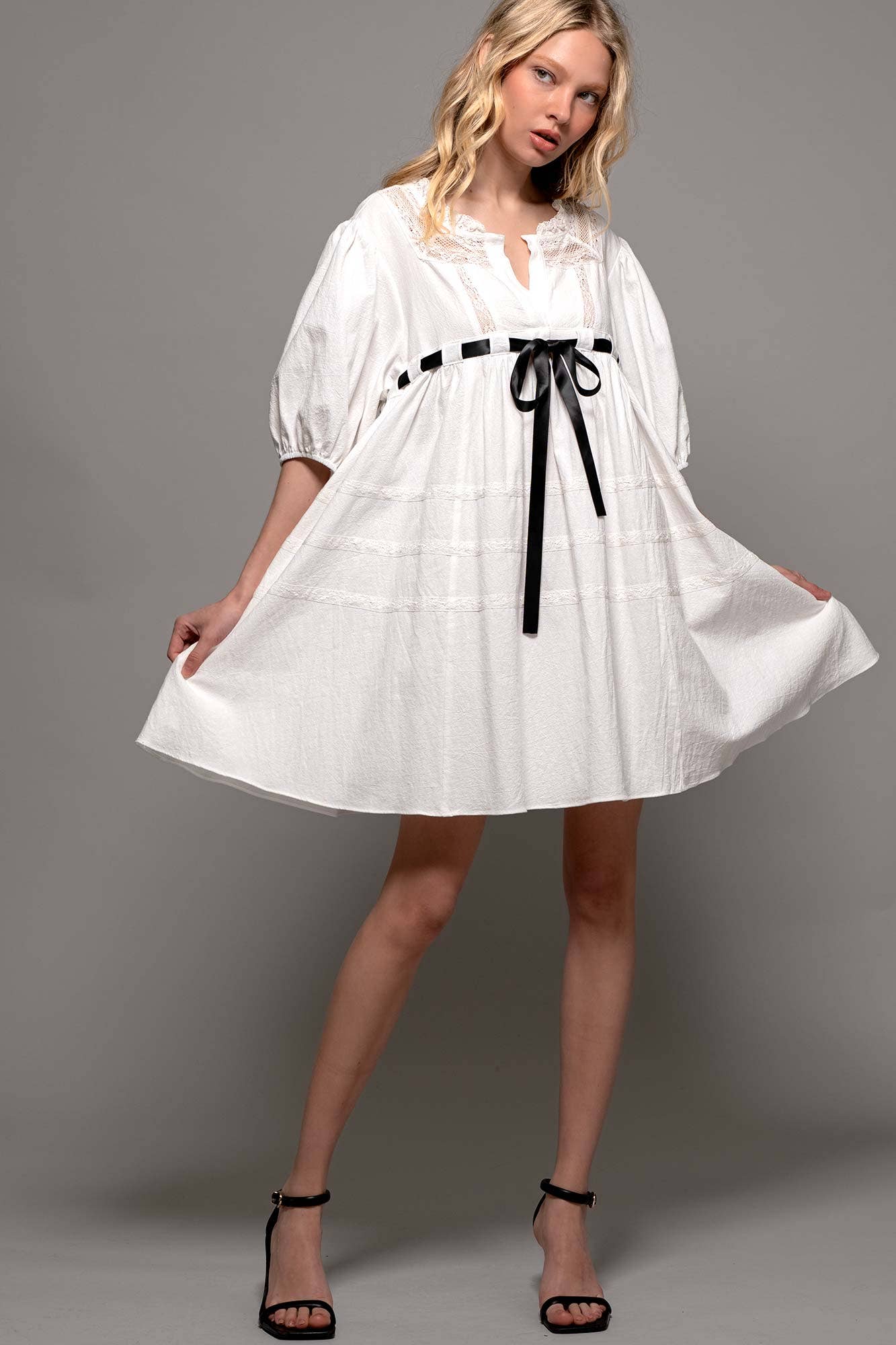 Urban Daizy Square Neck Lace Trim Bow Detail Empire Waist Dress Ivory Dress - Women's (UDZ-DR-00332) – alternate view 2