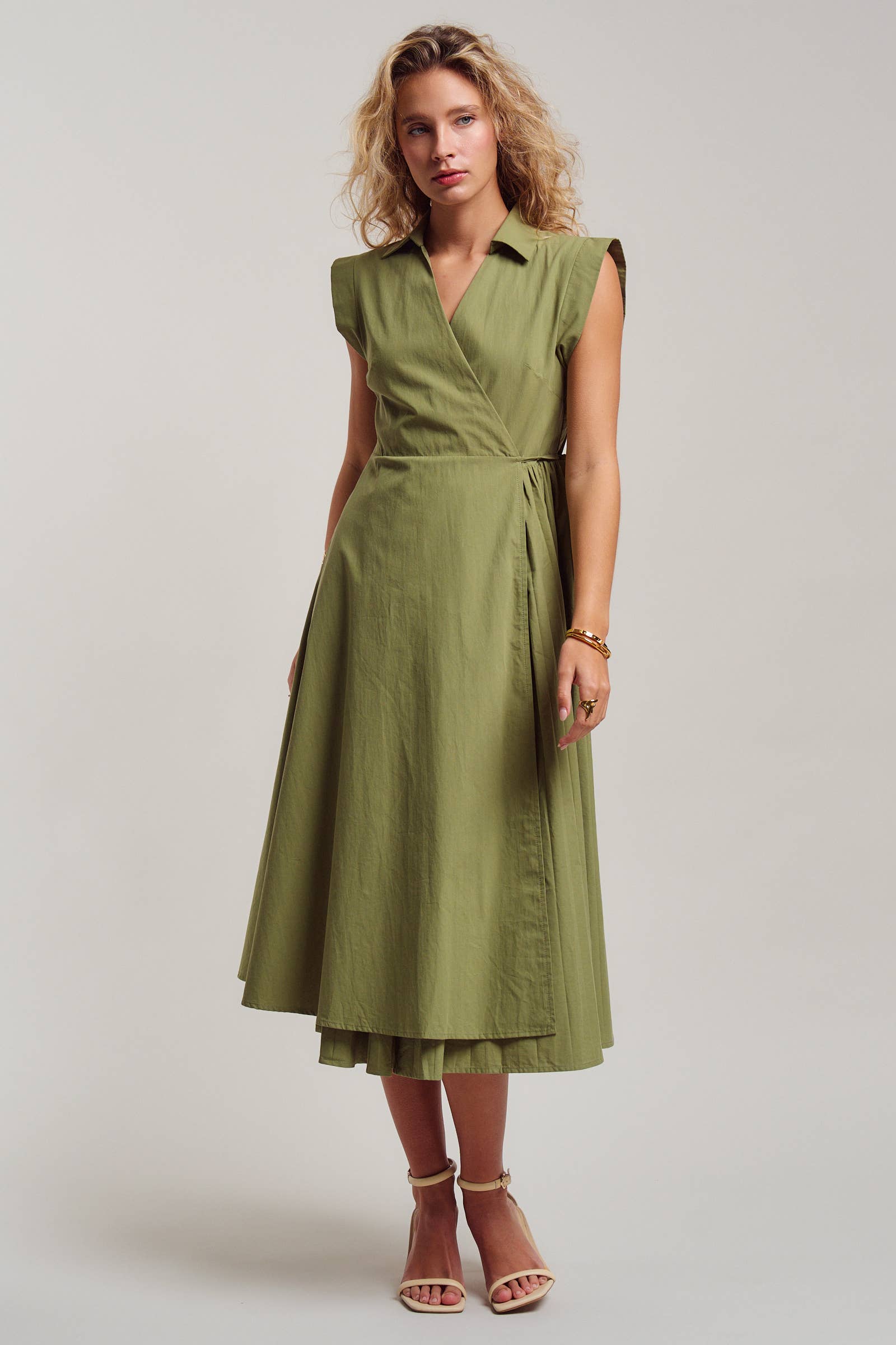 Collared Cap Sleeve Wrap Midi Dress