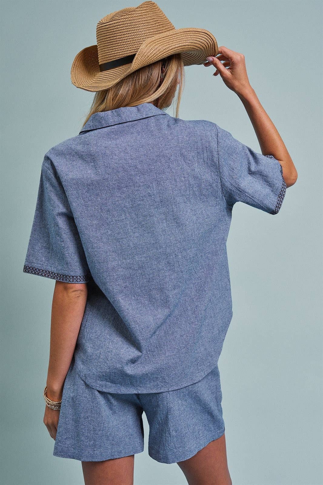 Urban Daizy Western Boot Embroidered Pocket Shirt Blue Button Down Shirt - Women's (UDZ-TP-01086-Blue) – alternate view 5