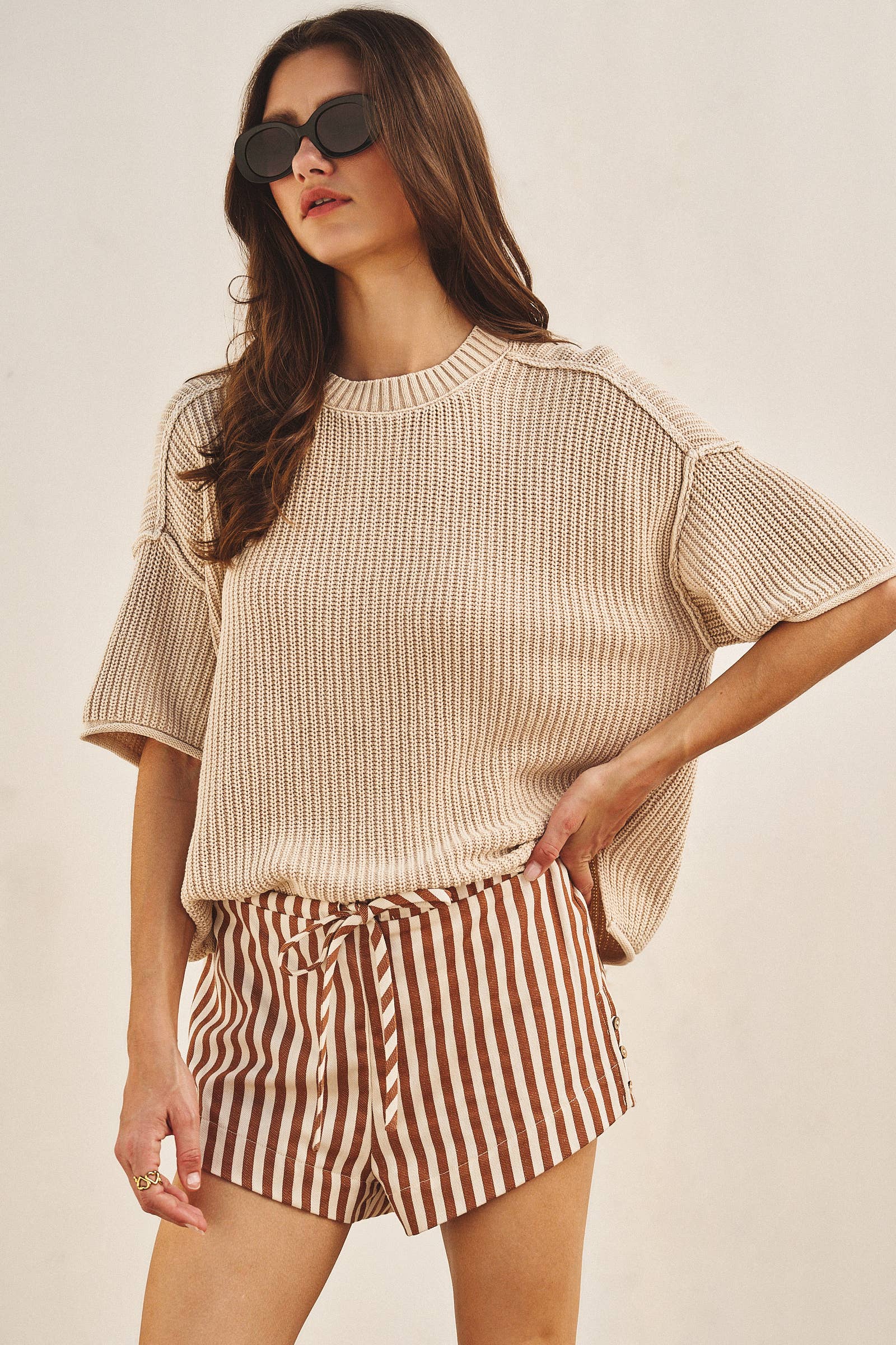 Mineral Wash Exposed Seam Short Sleeve Sweater