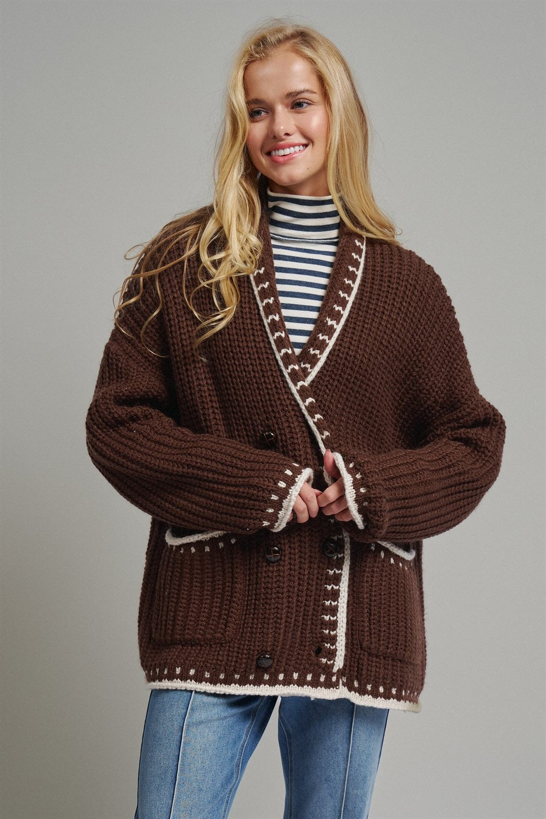 Chunky Knit Cardigan Sweater with Stitch Looks in BROWN - Women's Cardigans & Shrugs | Urban Daizy