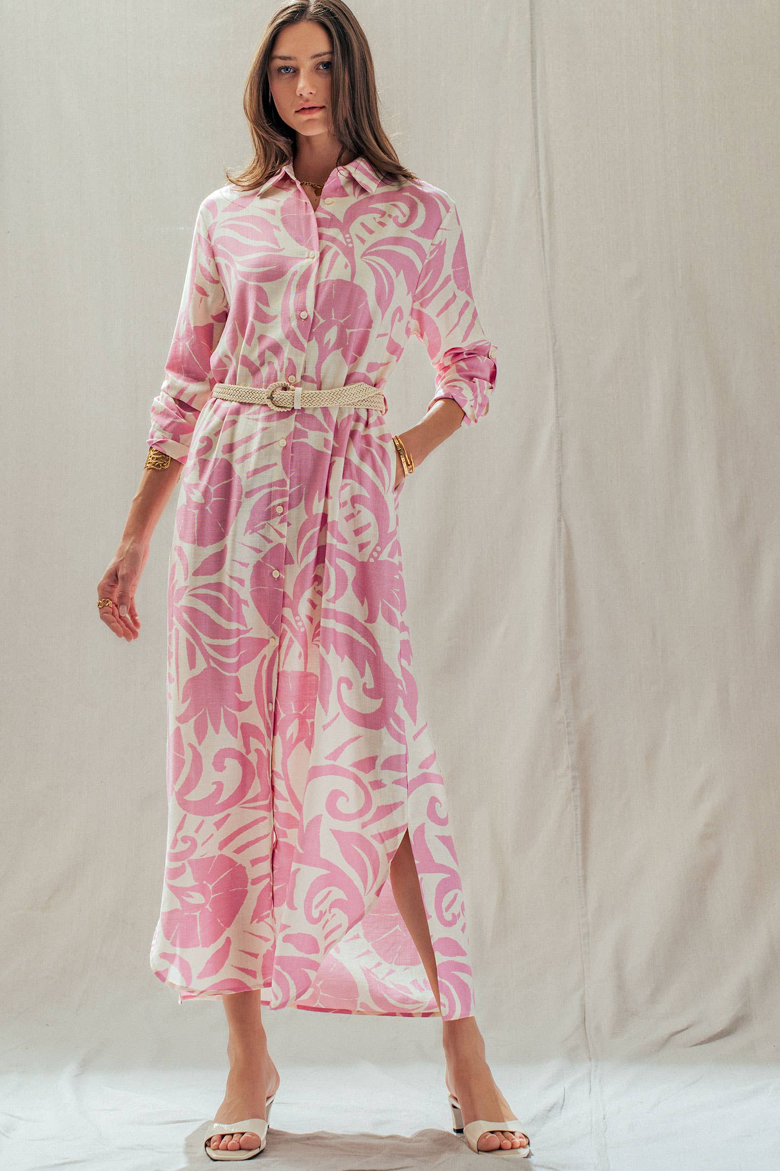 Abstract Floral Belted Button Down Shirt Dress