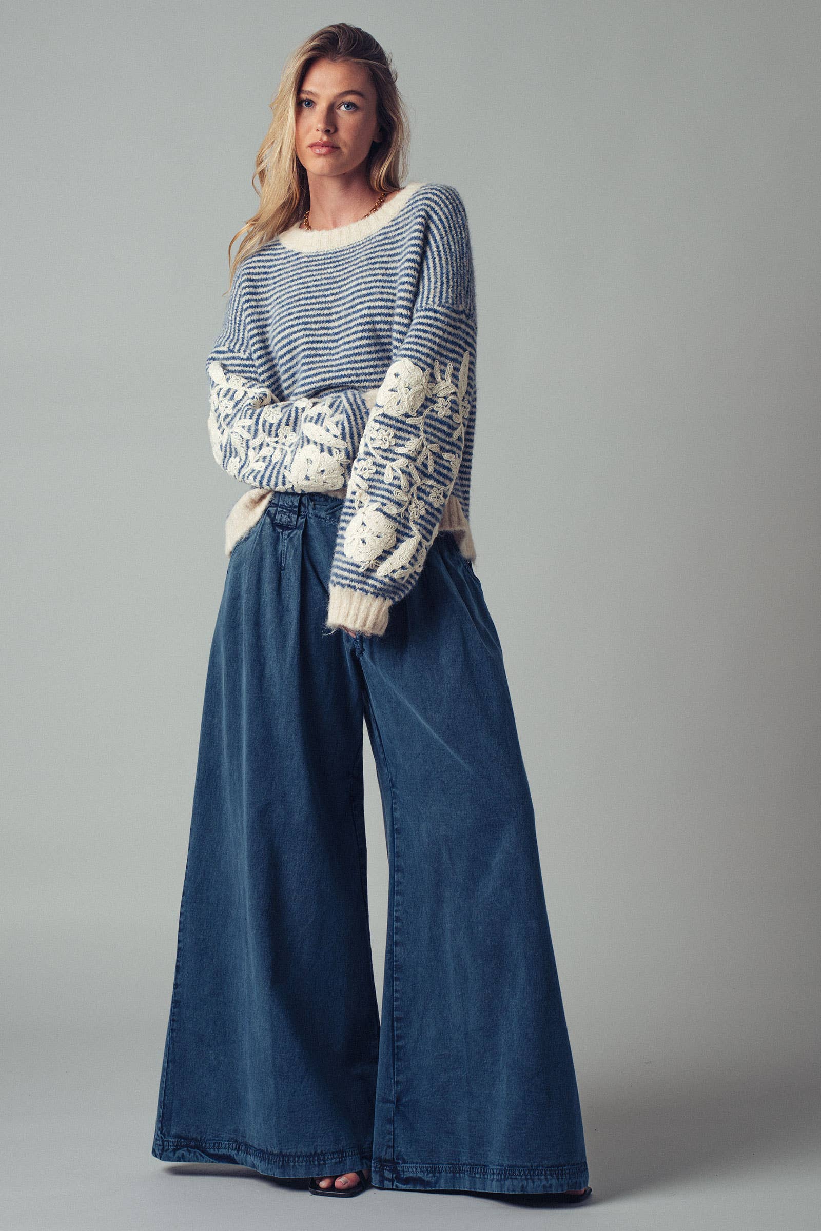 Urban Daizy Floral Embroidered Striped Knit Sweater Brown Knit Sweater - Women's (UDZ-TP-00814) – alternate view 15