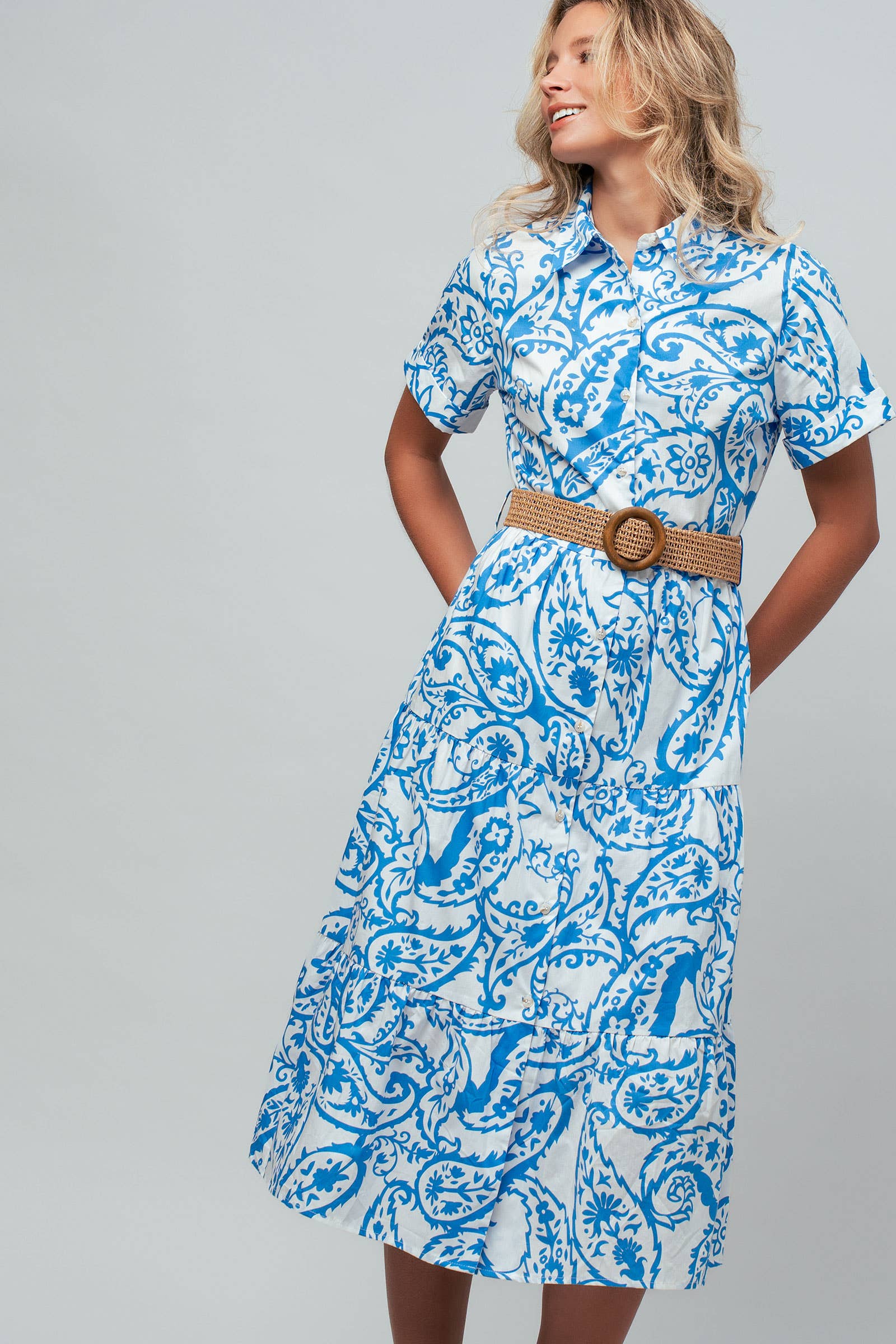 Paisley Cotton Belted Tiered Midi Shirt Dress