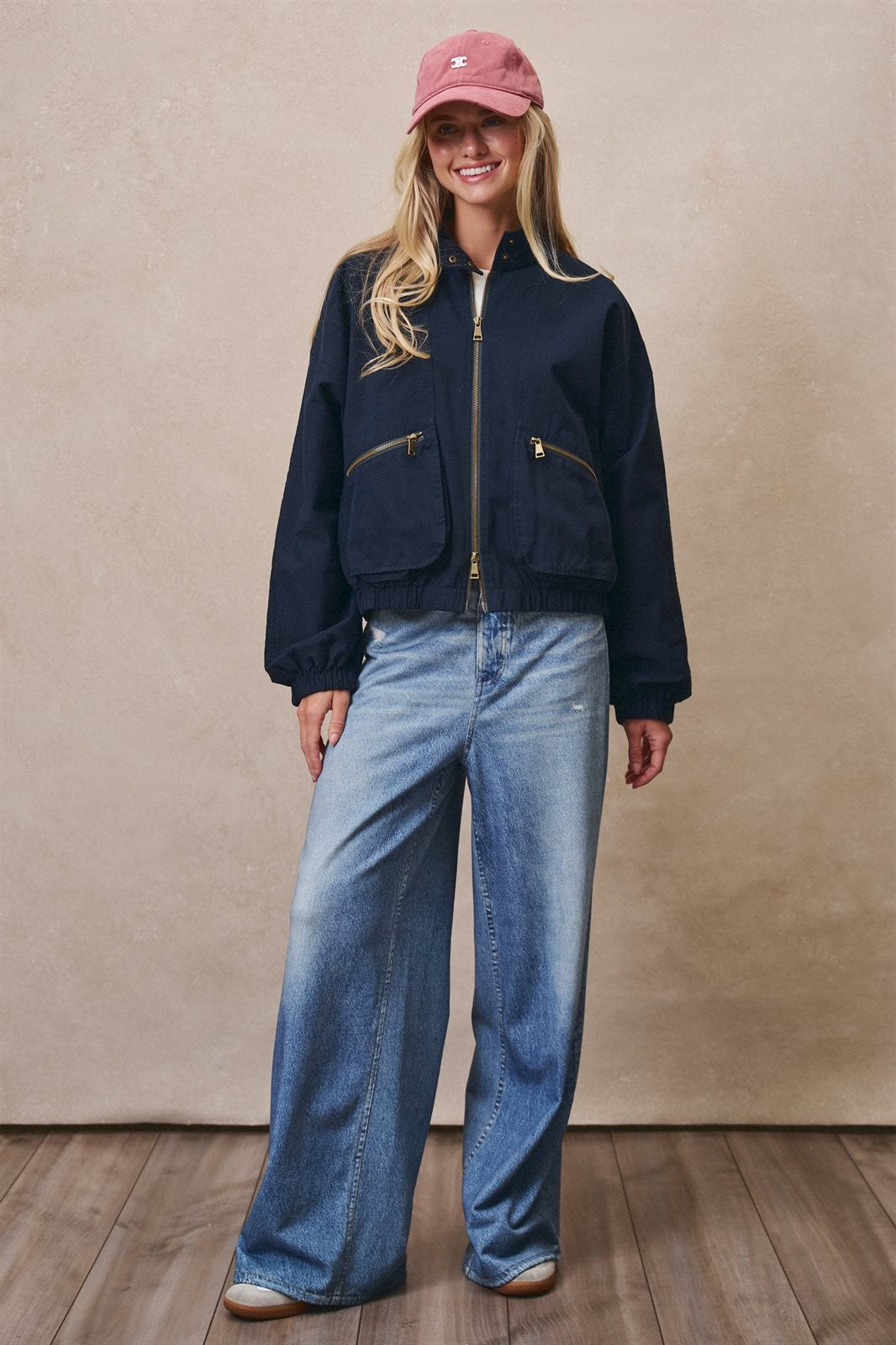 Cropped Zip Bomber Jacket in NAVY - Women's Jackets & Blazers | Urban Daizy