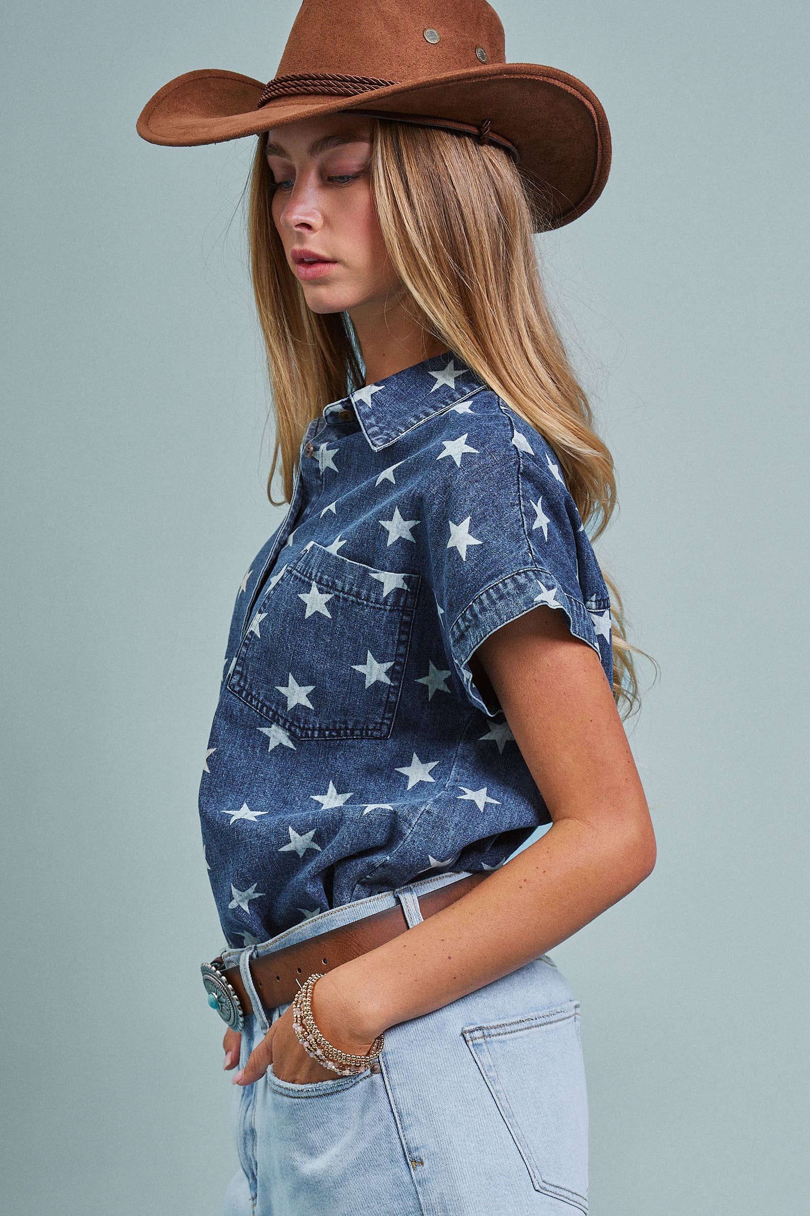 Star Print Chambray Short Sleeve Button Down
