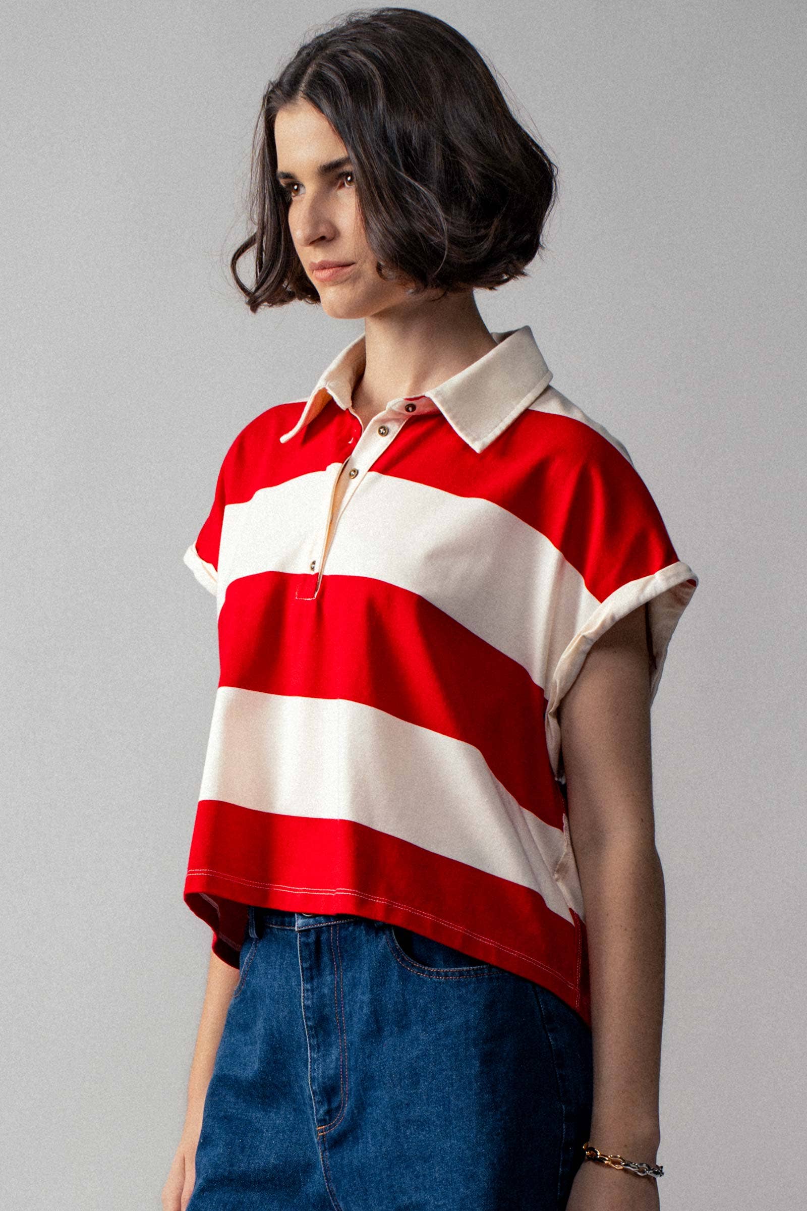Urban Daizy Bold Striped Dolman Sleeve Polo Shirt Ivory Black Polo - Women's (UDZ-TP-00660) – alternate view 19
