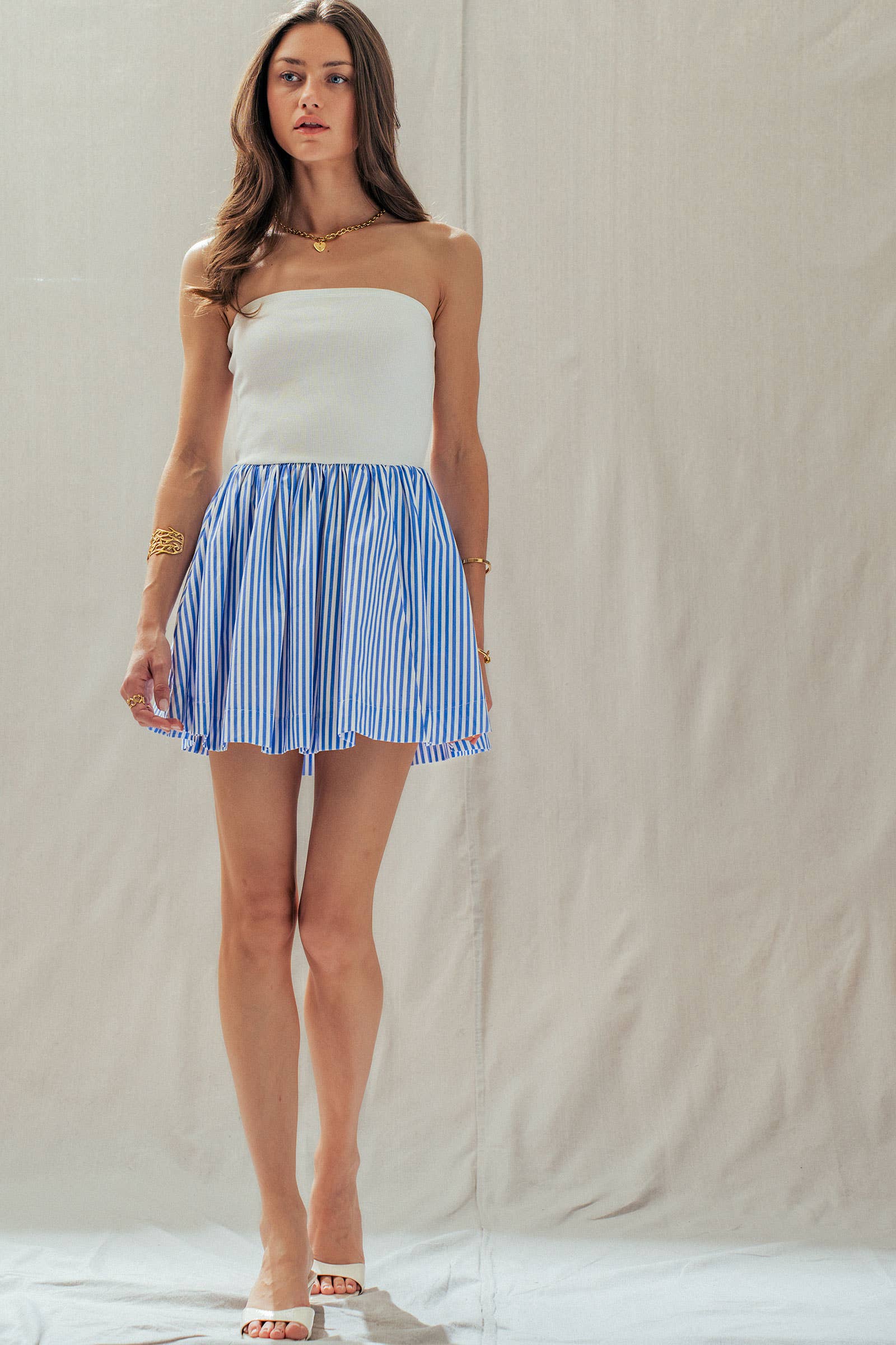 Urban Daizy Mixed Media Strapless Knit & Poplin Mini Dress Ivory-Blue Dress - Women's (UDDR0336-Ivory-Blue) – alternate view 15