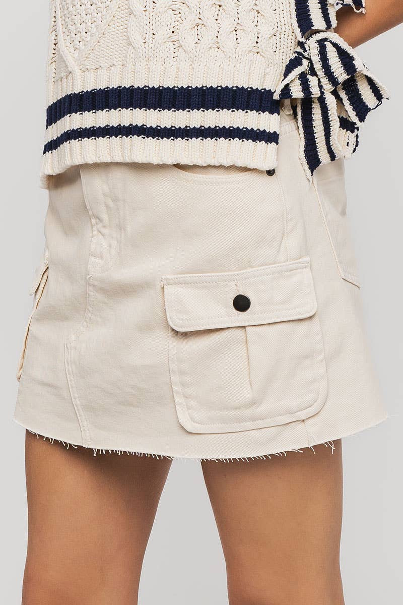 High Rise Raw Hem Utility Pocket Mini Cargo Skirt