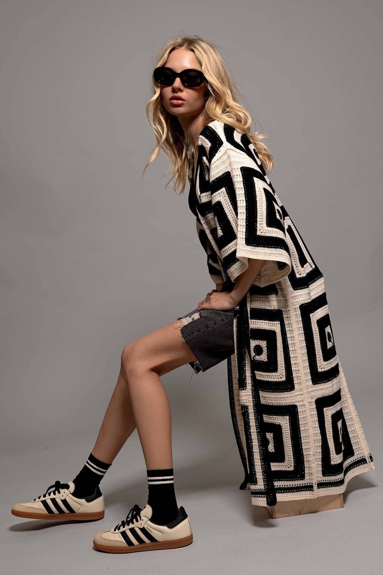 Urban Daizy Geometric Crochet Midi Length Open Front Cardigan Black Cardigan - Women's (UDZ-KN-00277) – alternate view 2