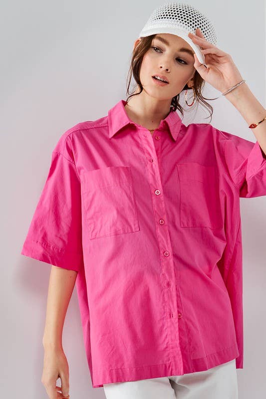 Urban Daizy Oversized Cotton Button-Up Shirt Magenta Button Down Shirt - Women's (UDZ-TP-00558) – alternate view 2