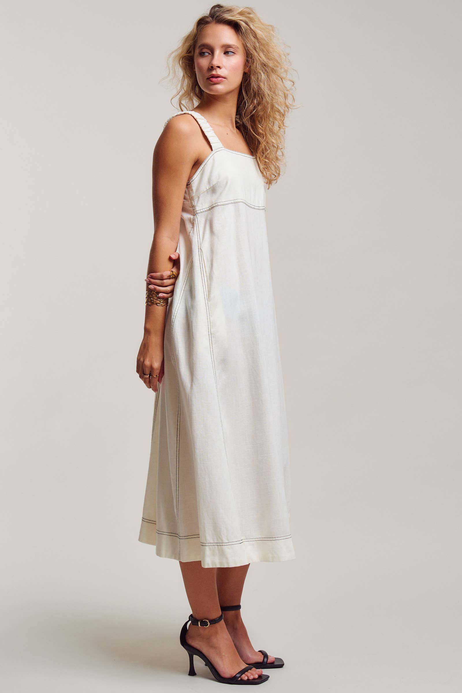 Contrast Stitch Square Neck Tencel Linen Midi Dress