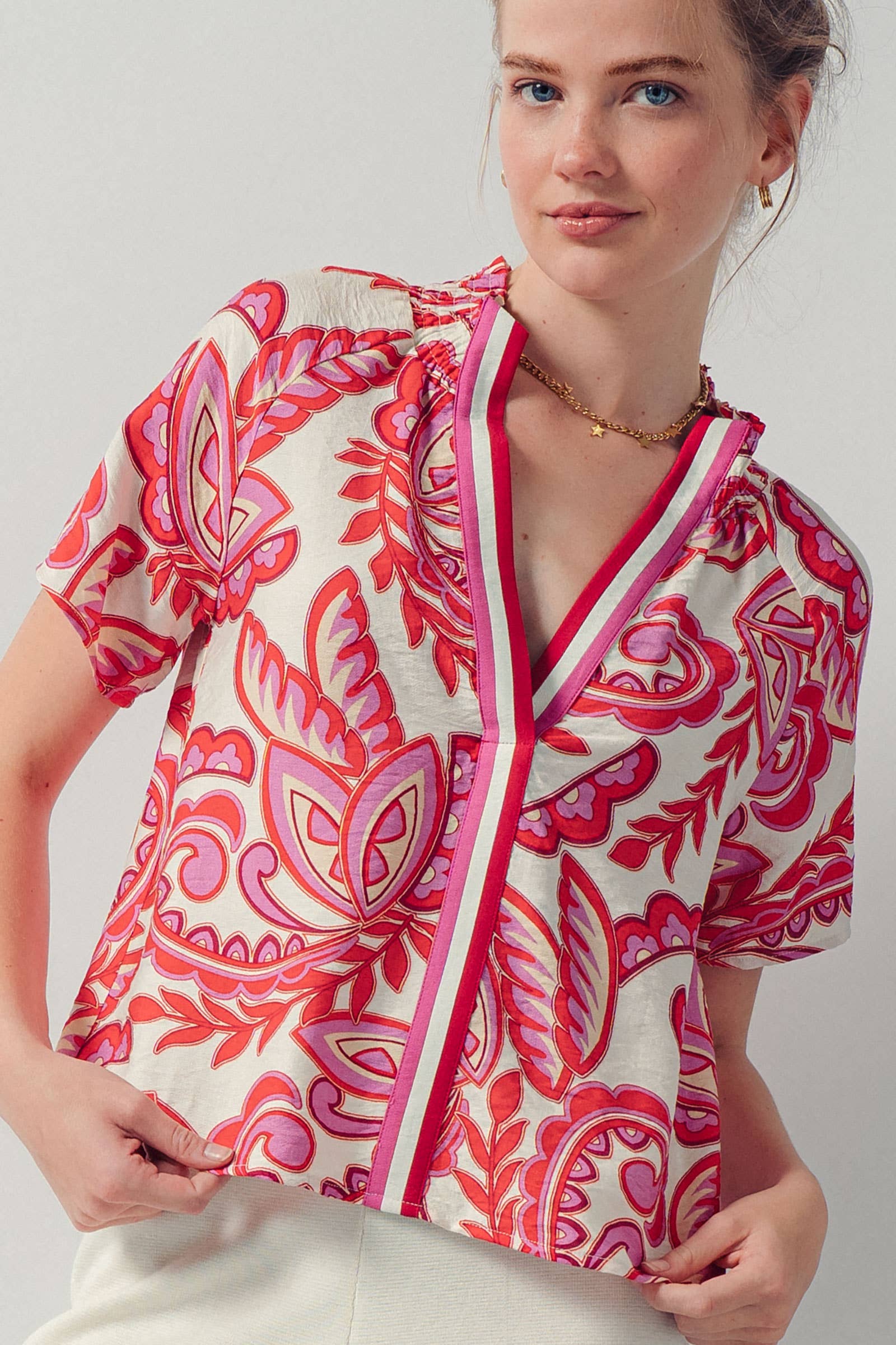Paisley Smocked High-Neck V-Neck Blouse