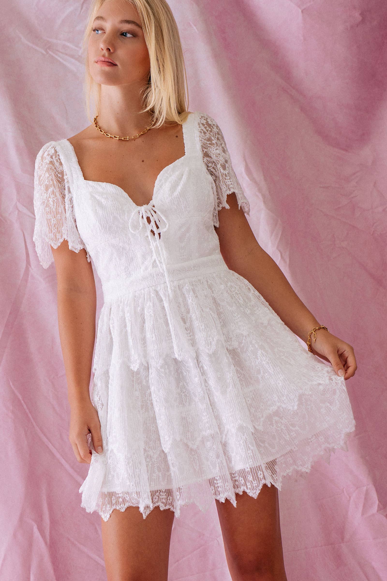 Urban Daizy Tiered Lace Mini Dress with Corset Bodice and Puff Sleeves Ivory Dress - Women's (UDZ-DR-00354) – alternate…