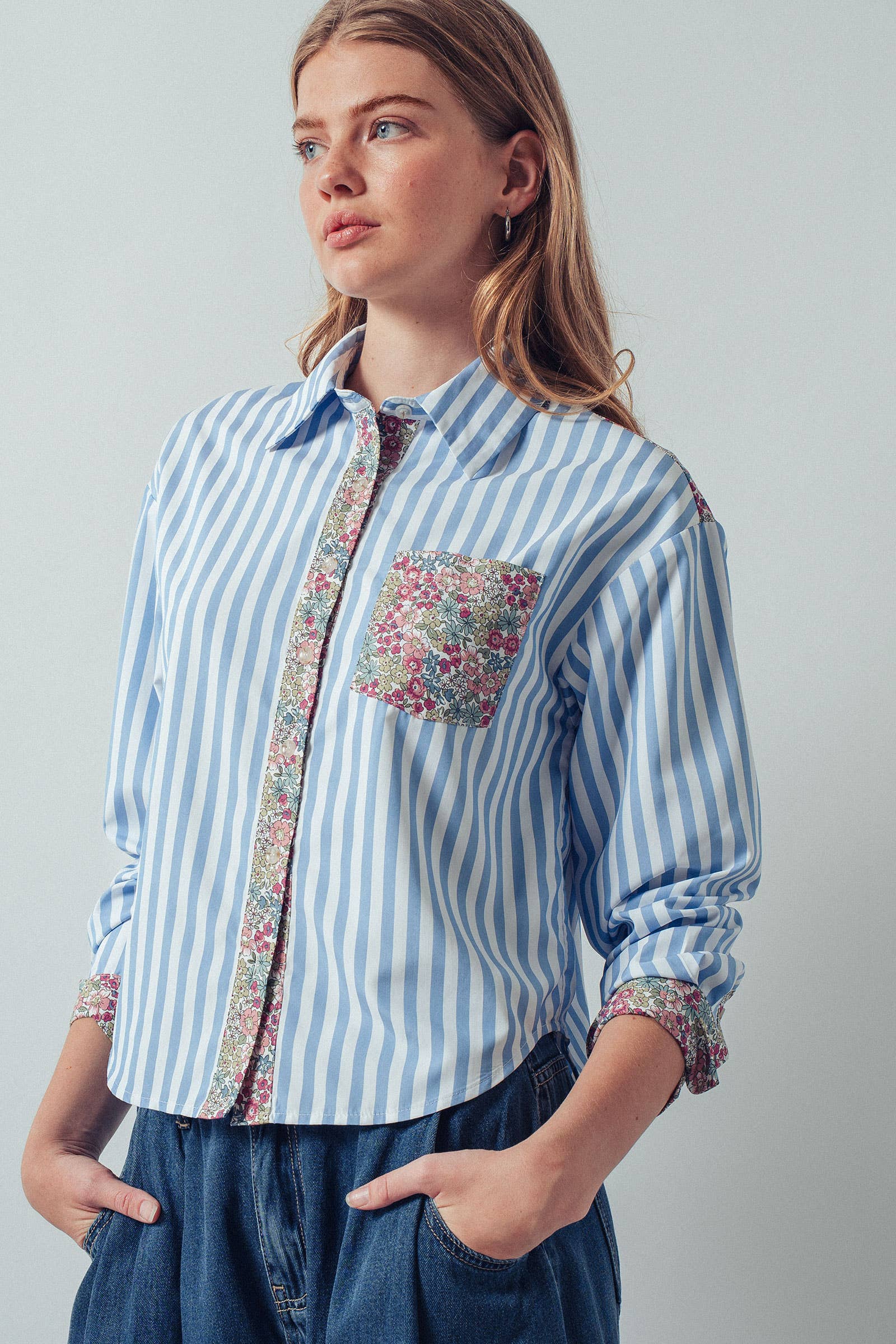 Floral Contrast Mixed Print Striped Shirt