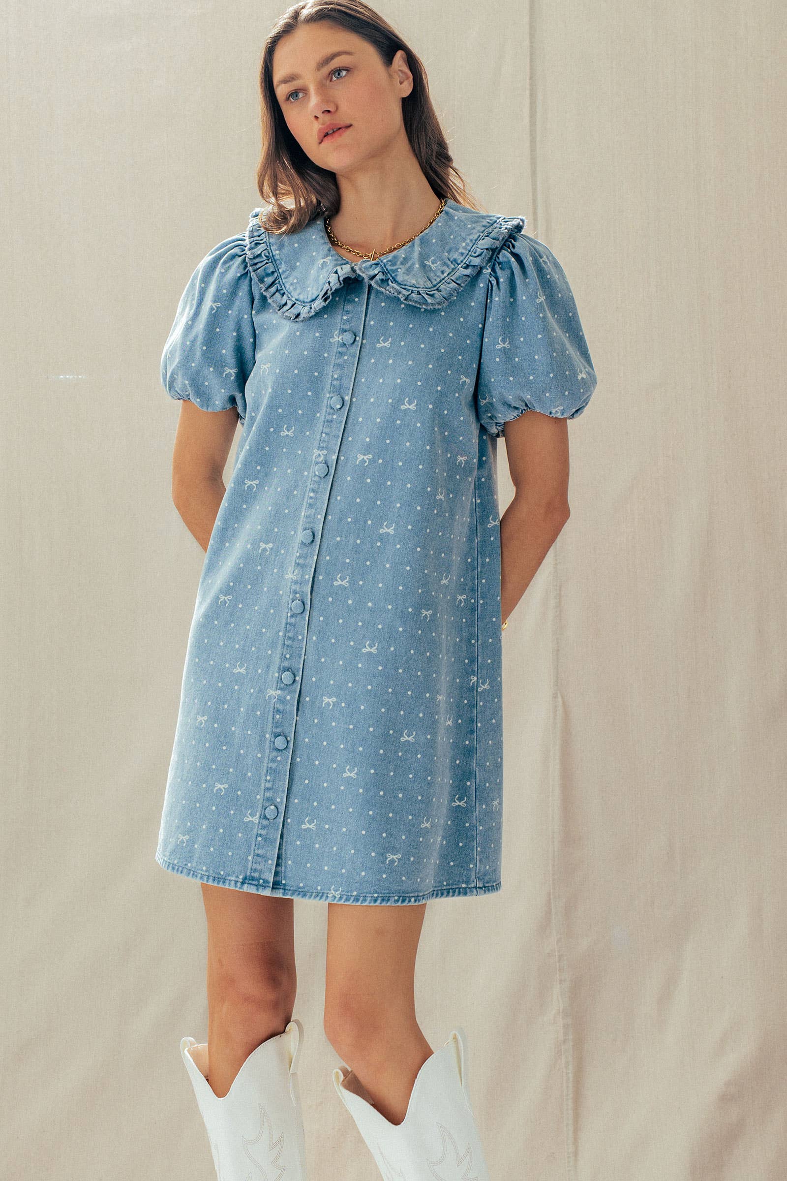 Bow Print Denim Mini Dress Ruffle Collar