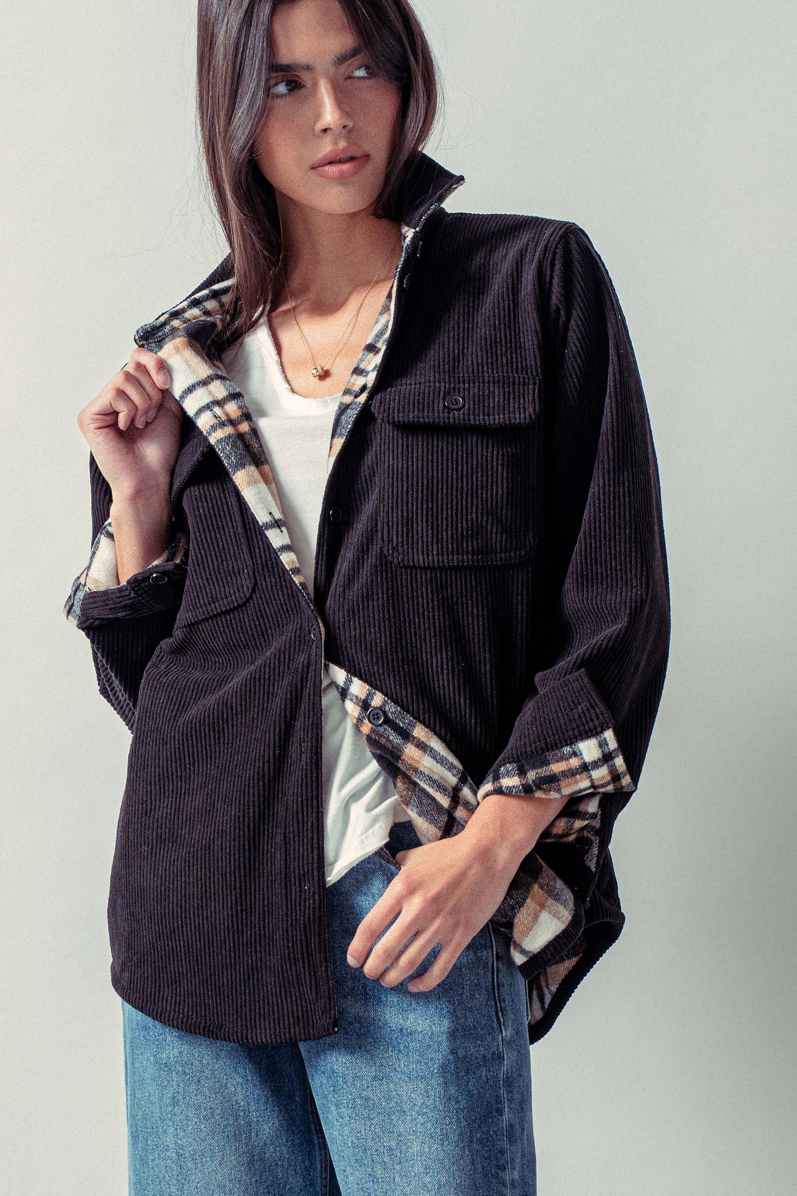 Urban Daizy Plaid Flannel-Lined Corduroy Shacket Taupe Shirt Jacket/Shacket - Women's (UDZ-KN-00150) – alternate view 16