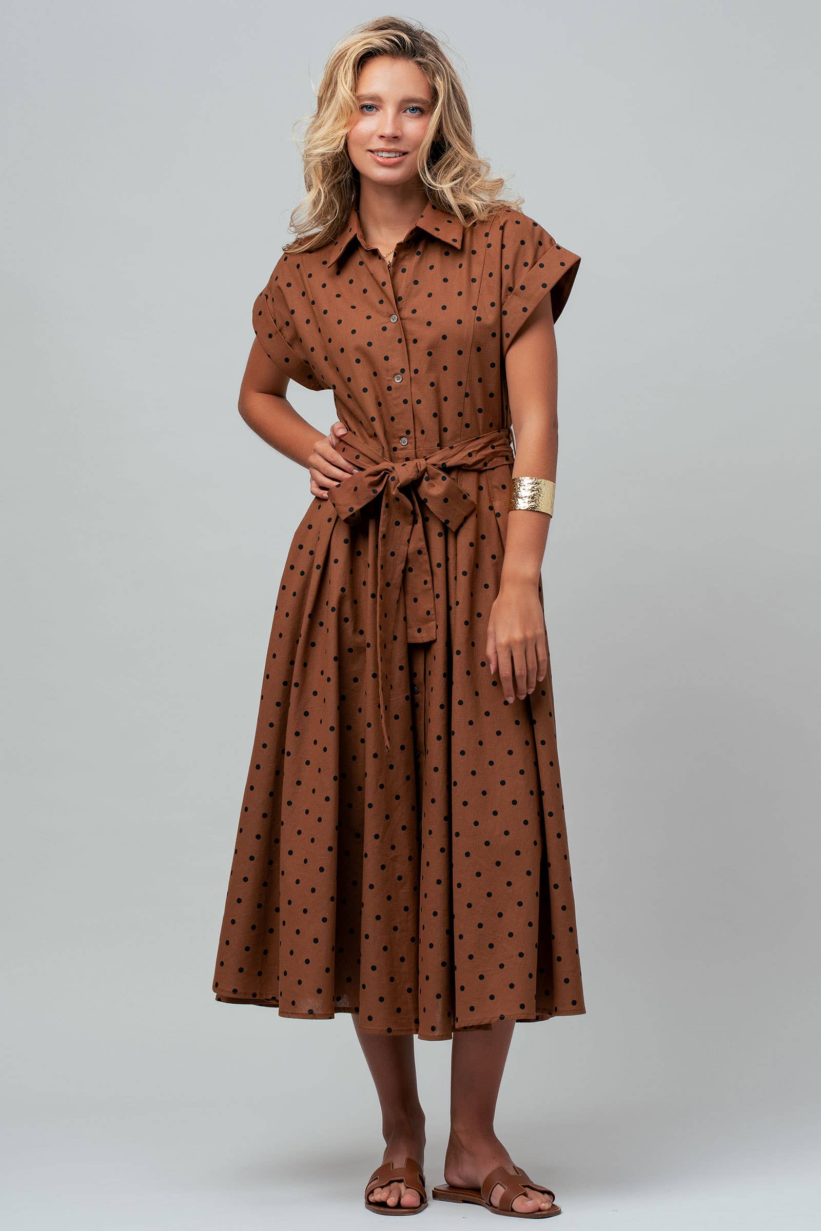 Polka Dot Cotton Belted Midi Shirt Dress