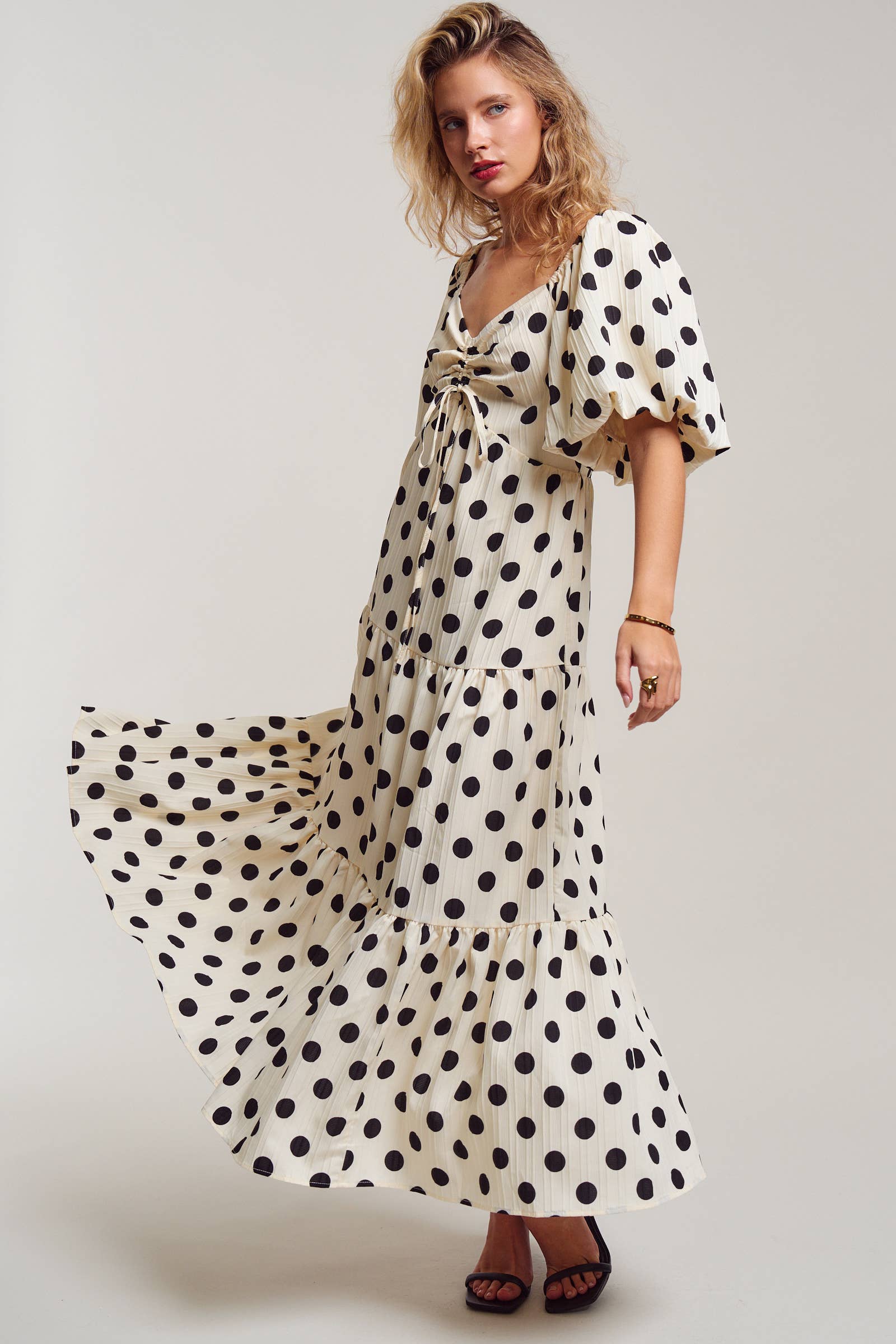 Urban Daizy Textured Polka Dot Tie-Front Puff Sleeve Maxi Dress Ivory Dress - Women's (TNDR1408-Ivory) – alternate view 4