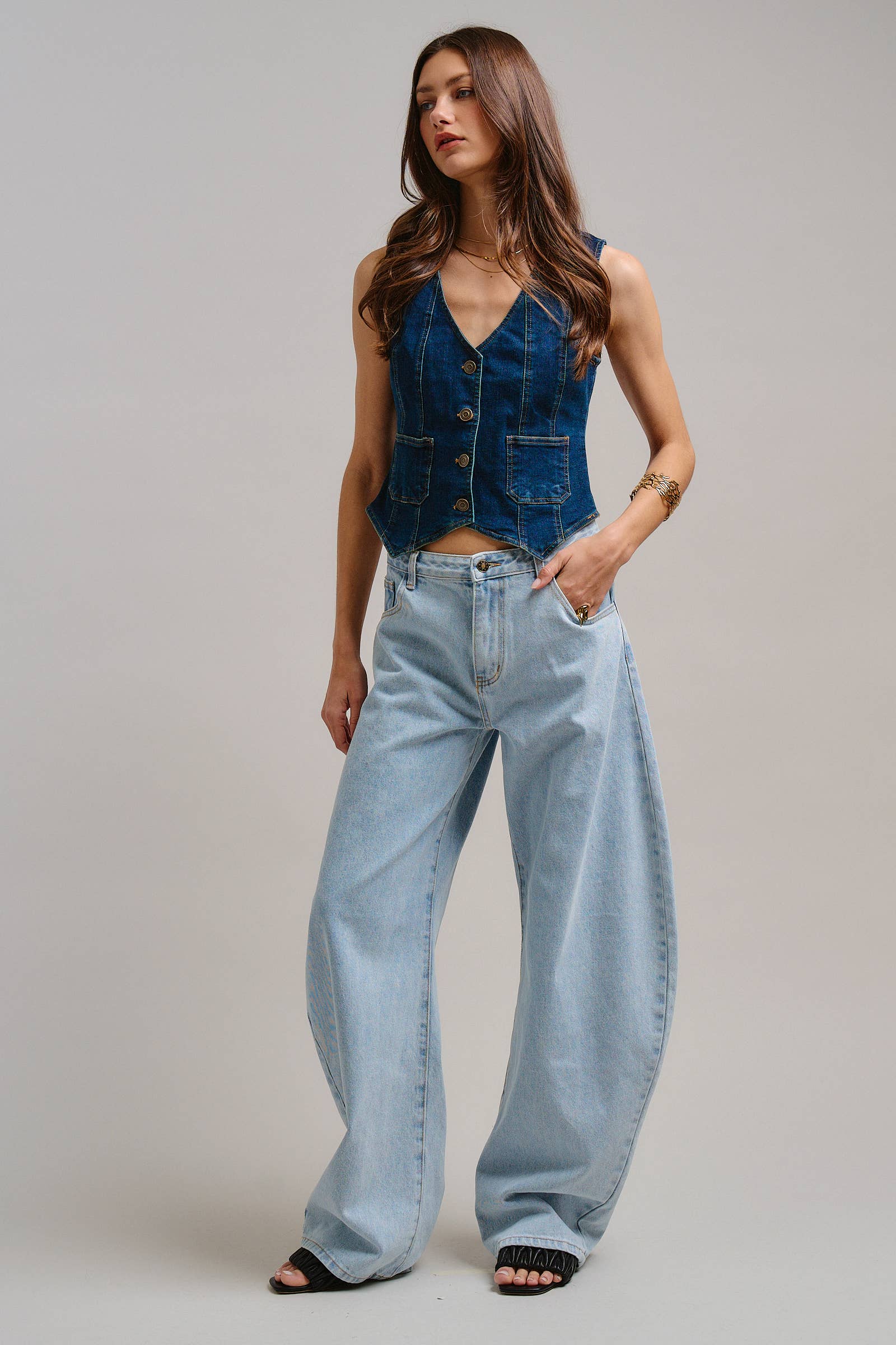Fitted V-Neck Button-Front Denim Vest