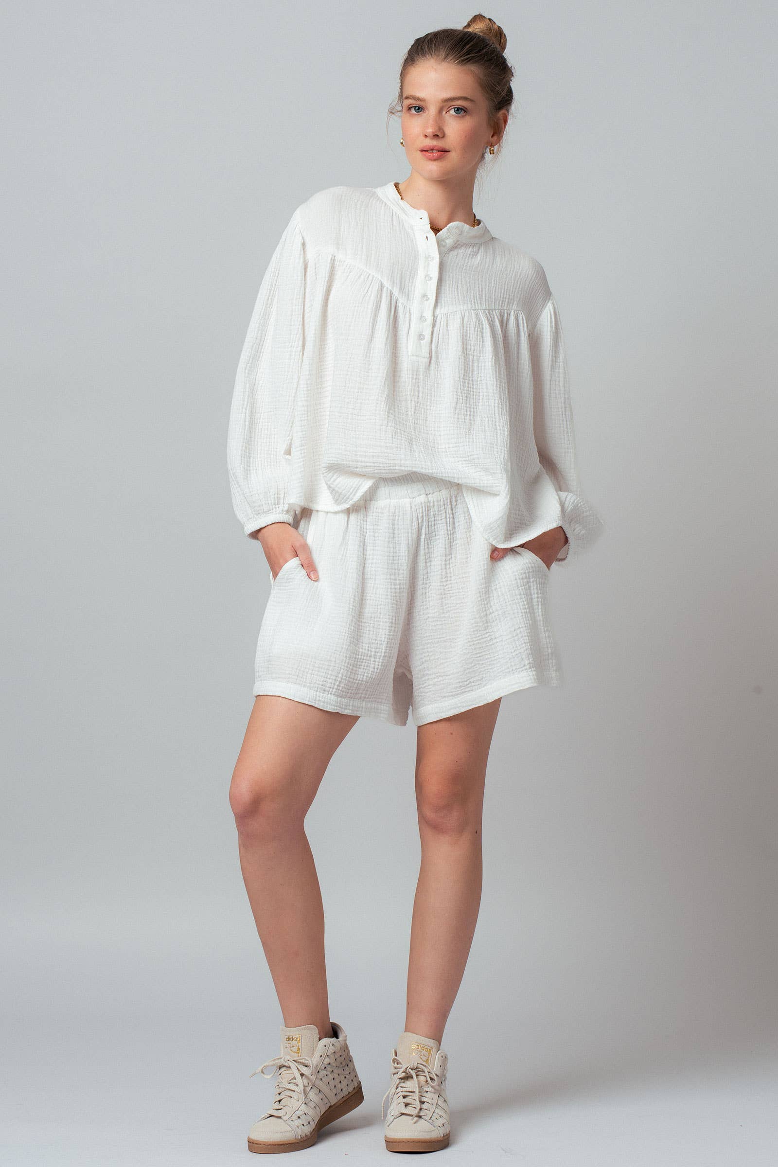 Garment Dyed Cotton Gauze Button Down Top And Shorts Set