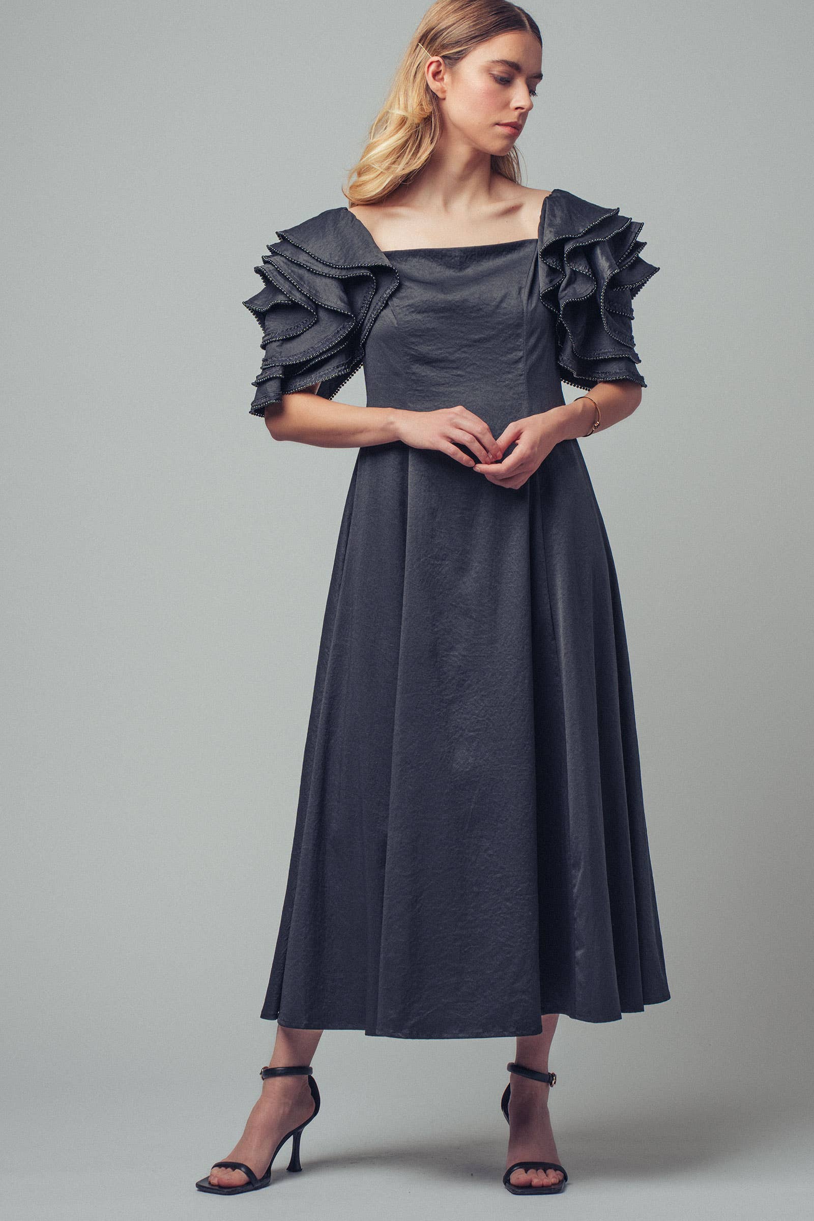 Tiered Ruffle Sleeve Smocked Midi Dress